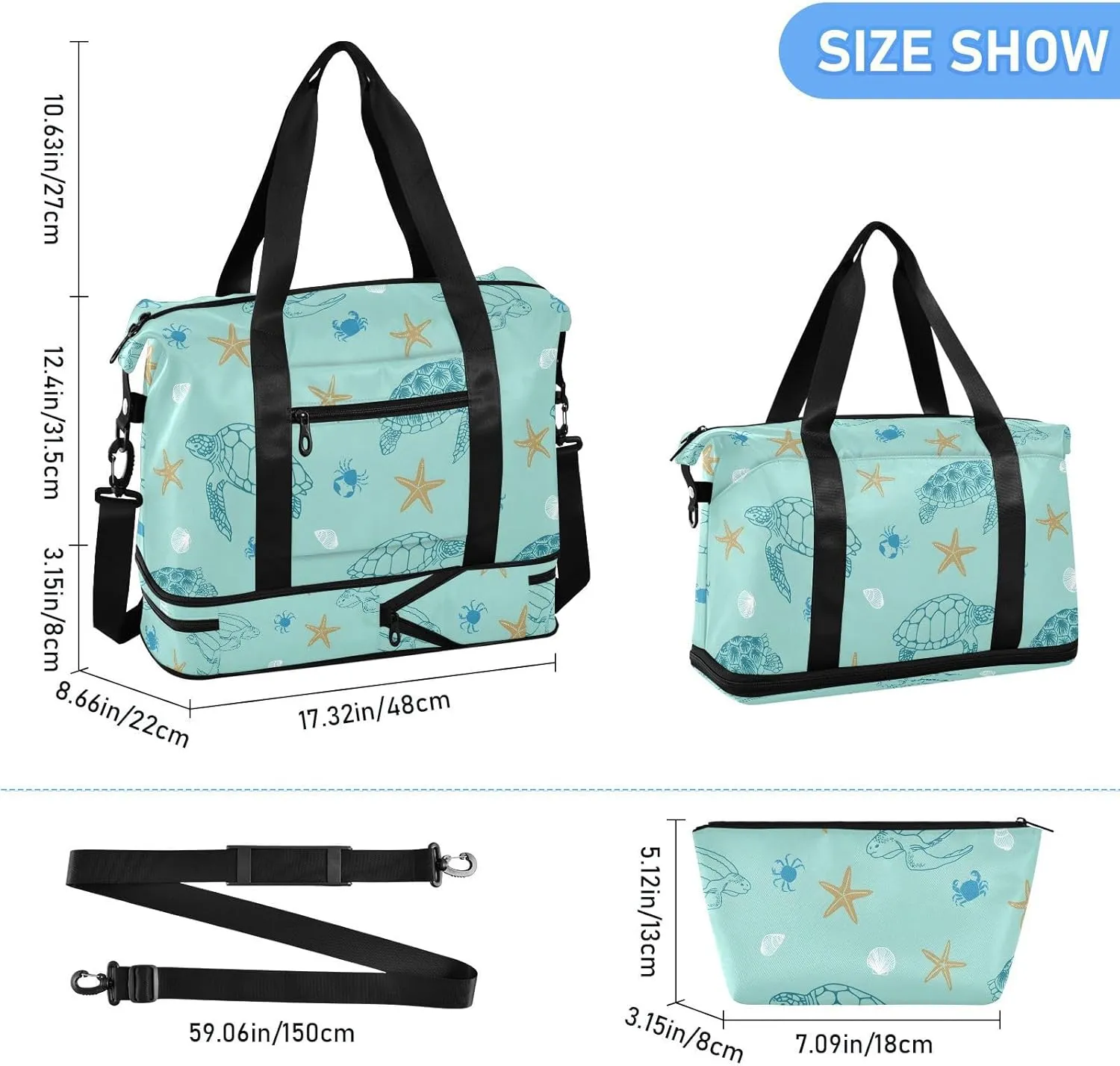 Blue Beach Turtles Travel Tote for Women Expandable Duffle Bag Gym, under the Seat Carry on Bag with Dry and Wet Separation