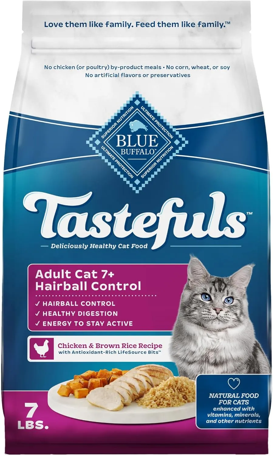 Blue Buffalo Tastefuls Natural Dry Food for Adult Cats 7 , Hairball Control, Chicken & Brown Rice Recipe, 7-lb. Bag