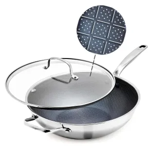 Blue Diamond Hybrid Nonstick Stainless Steel 12” Wok with Glass Lid, PFAS-Free Ceramic Diamond Surface Stir-Fry Pan, Dishwasher & Metal Utensil Safe, Stay-Cool Handles, Compatible with All Cooktops