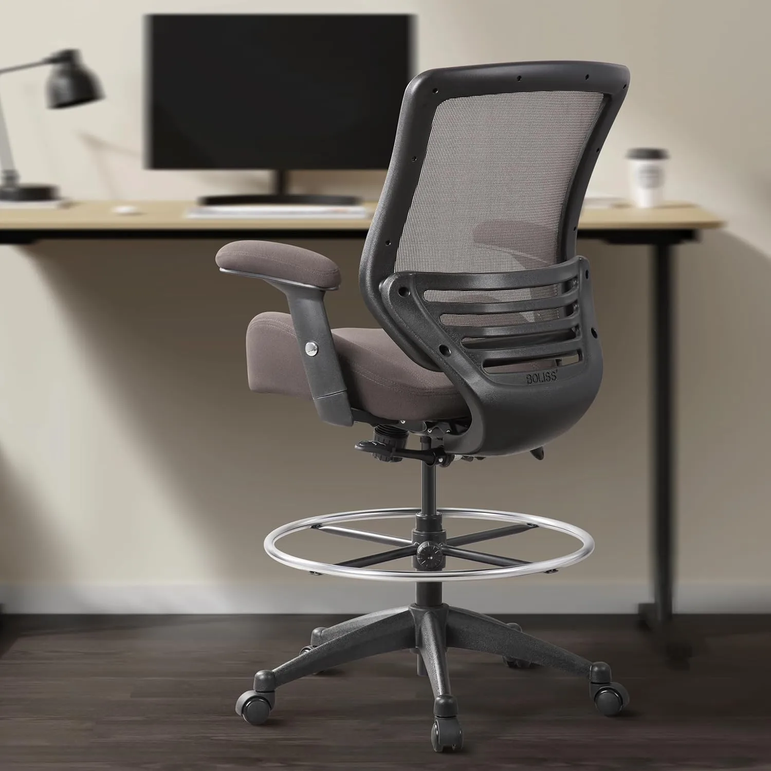 BOLISS 400lbs Mesh Ergonomic Office Drafting Chair Big Adjustable Foot Ring Height Adjustable Armrest (BRN)