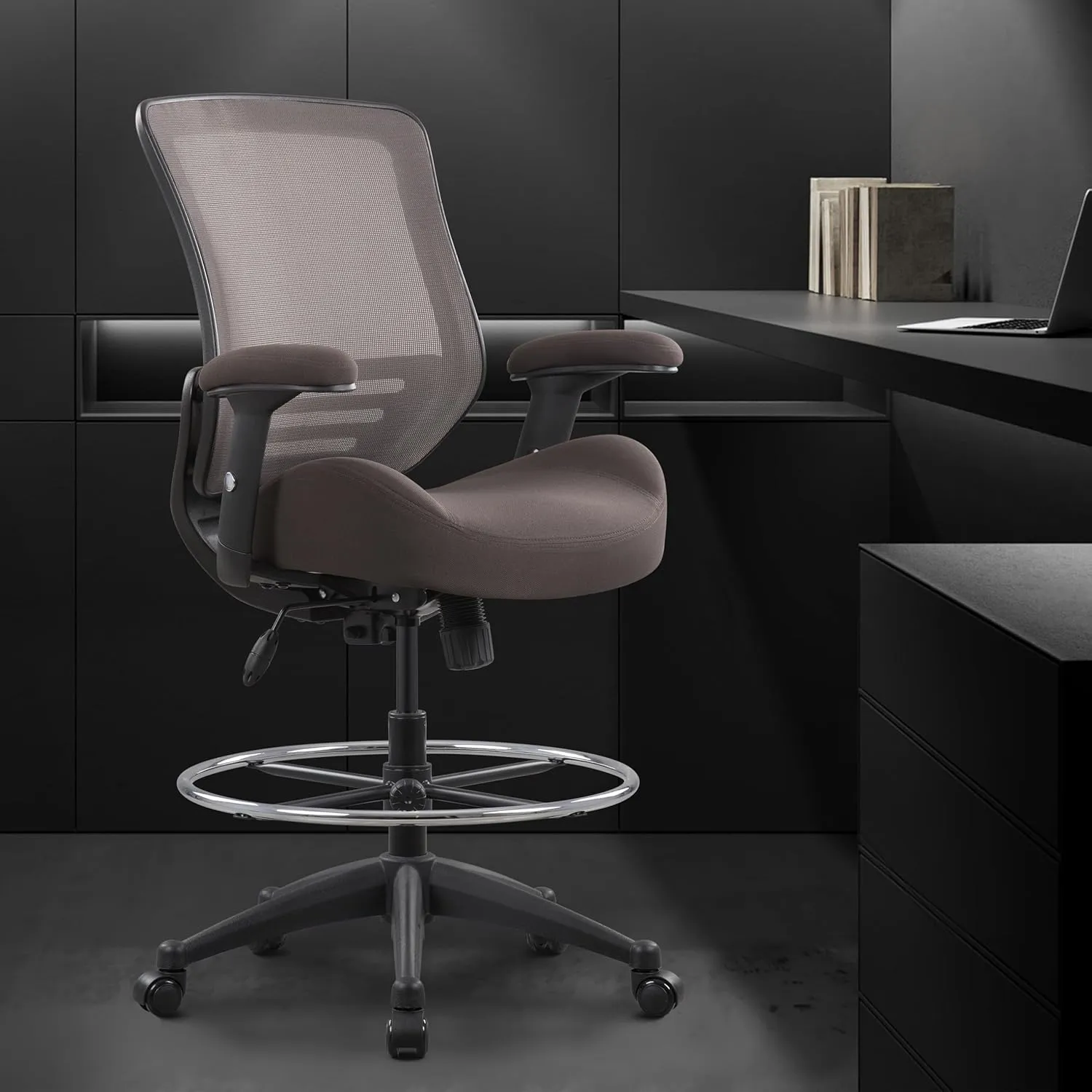 BOLISS 400lbs Mesh Ergonomic Office Drafting Chair Big Adjustable Foot Ring Height Adjustable Armrest (BRN)