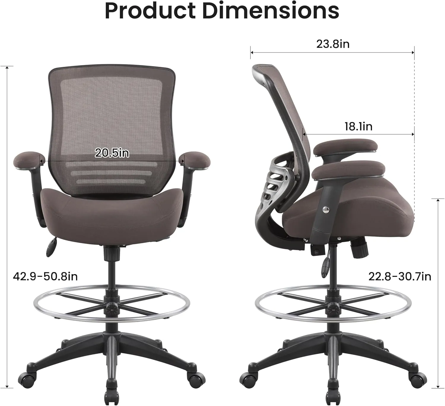 BOLISS 400lbs Mesh Ergonomic Office Drafting Chair Big Adjustable Foot Ring Height Adjustable Armrest (BRN)