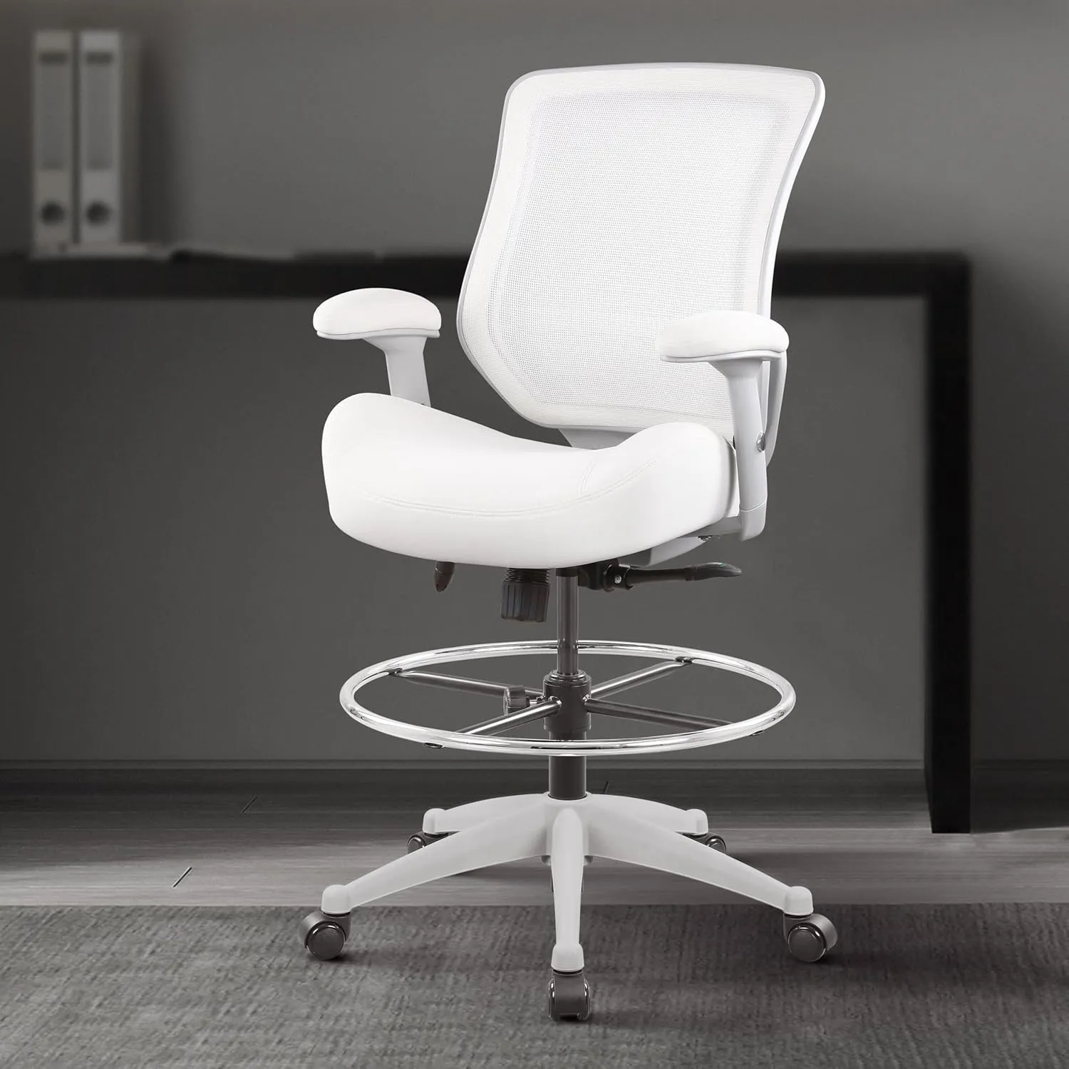 BOLISS 400lbs Mesh Ergonomic Office Drafting Chair Big Adjustable Foot Ring Height Adjustable Armrest (Wht)
