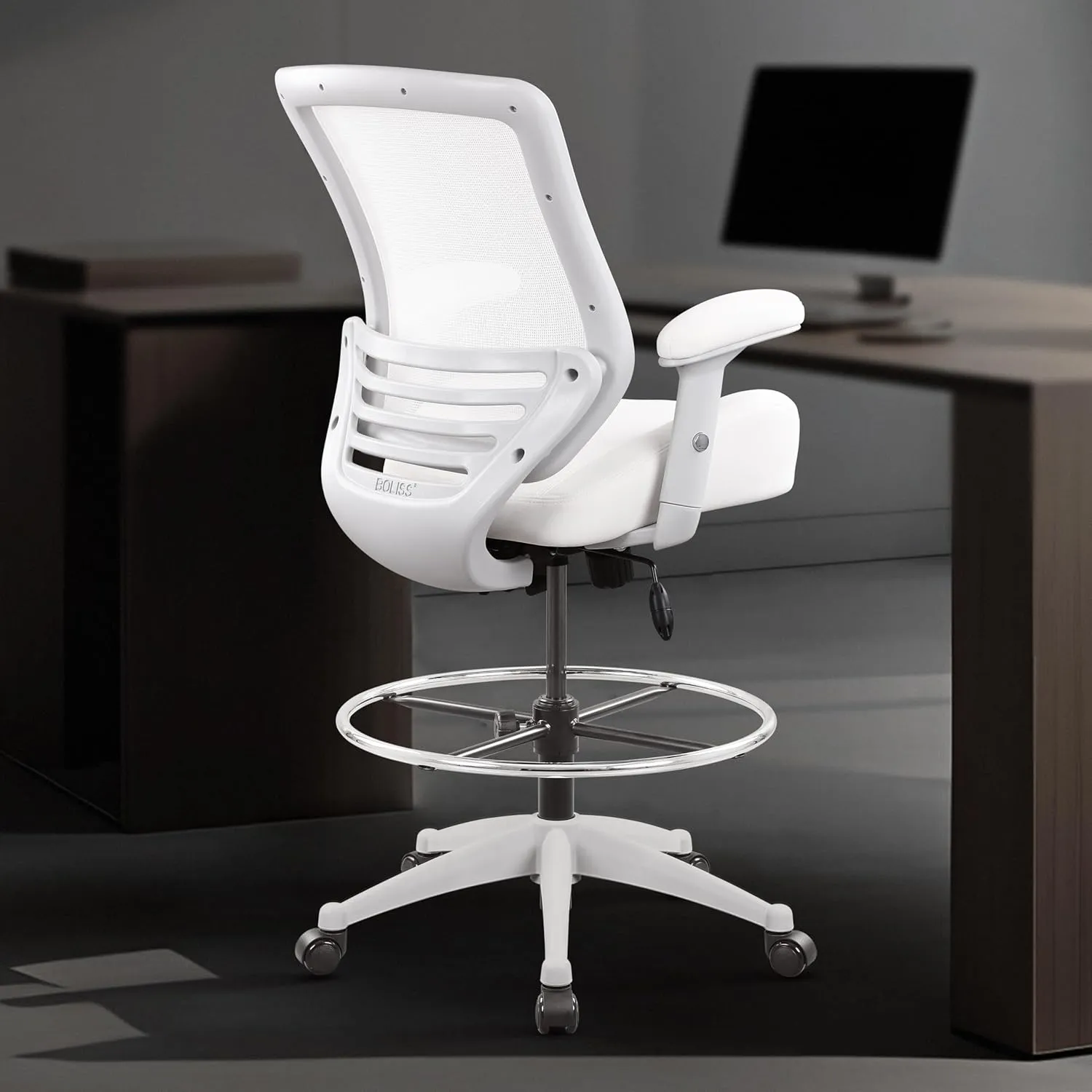 BOLISS 400lbs Mesh Ergonomic Office Drafting Chair Big Adjustable Foot Ring Height Adjustable Armrest (Wht)