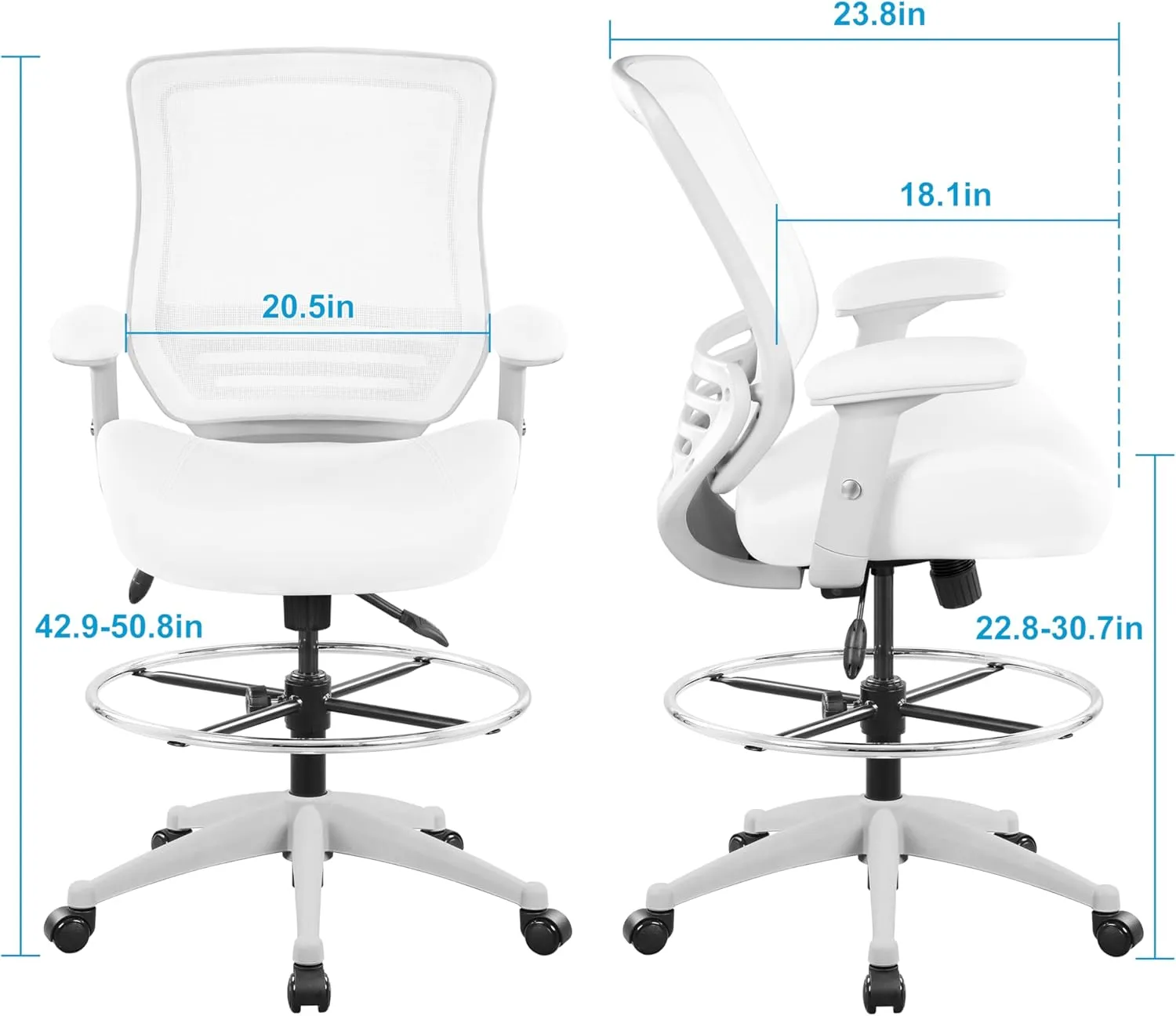 BOLISS 400lbs Mesh Ergonomic Office Drafting Chair Big Adjustable Foot Ring Height Adjustable Armrest (Wht)
