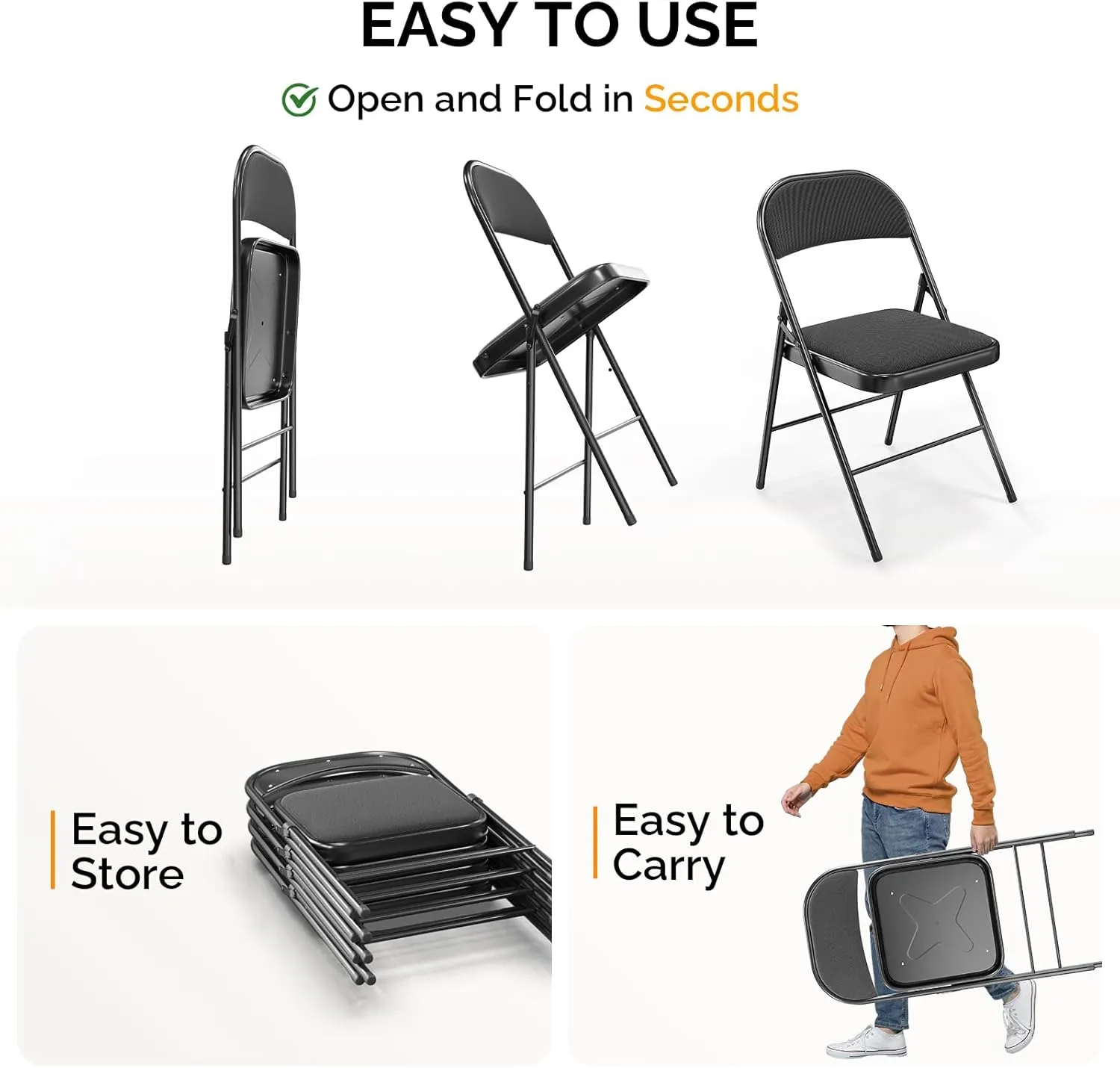 Bonnlo Folding Chair, Padded Folding Chairs with Cushion, Back and Steel Frame for Indoor Outdoor Outside Dinning Office Camping Use, Black, 6 Pack