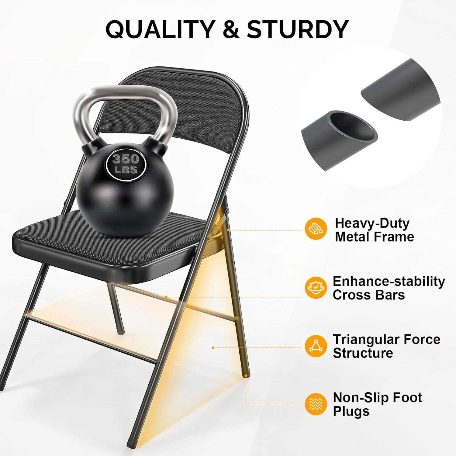 Bonnlo Folding Chair, Padded Folding Chairs with Cushion, Back and Steel Frame for Indoor Outdoor Outside Dinning Office Camping Use, Black, 6 Pack