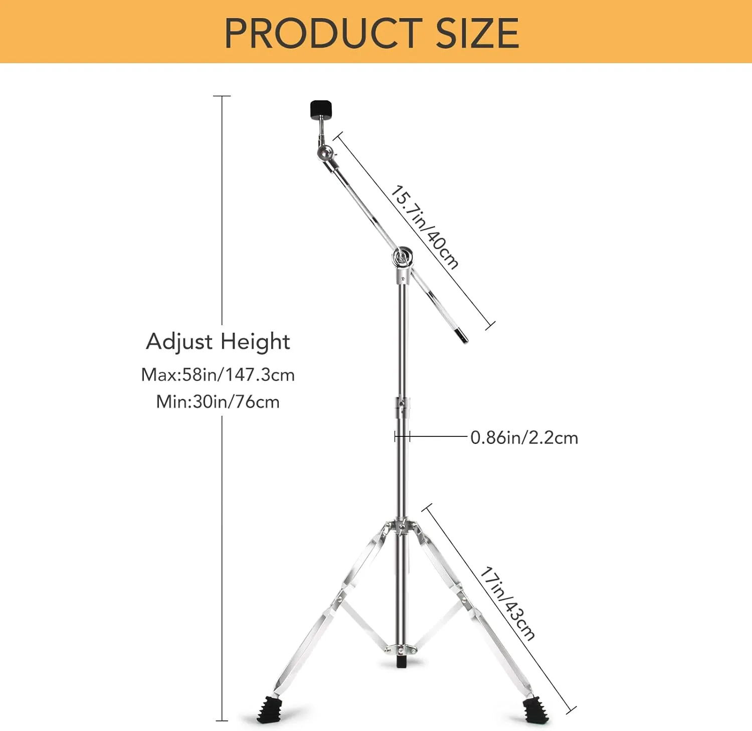 Boom Cymbal Stand, Adjustable Cymbal Stand for Drum Hardware Percussion Mount Holder Gear Set Drum Hardware Set for Mounting Crash, Ride, Splash Cymbals, Double Braced Legs with Rubber Feet
