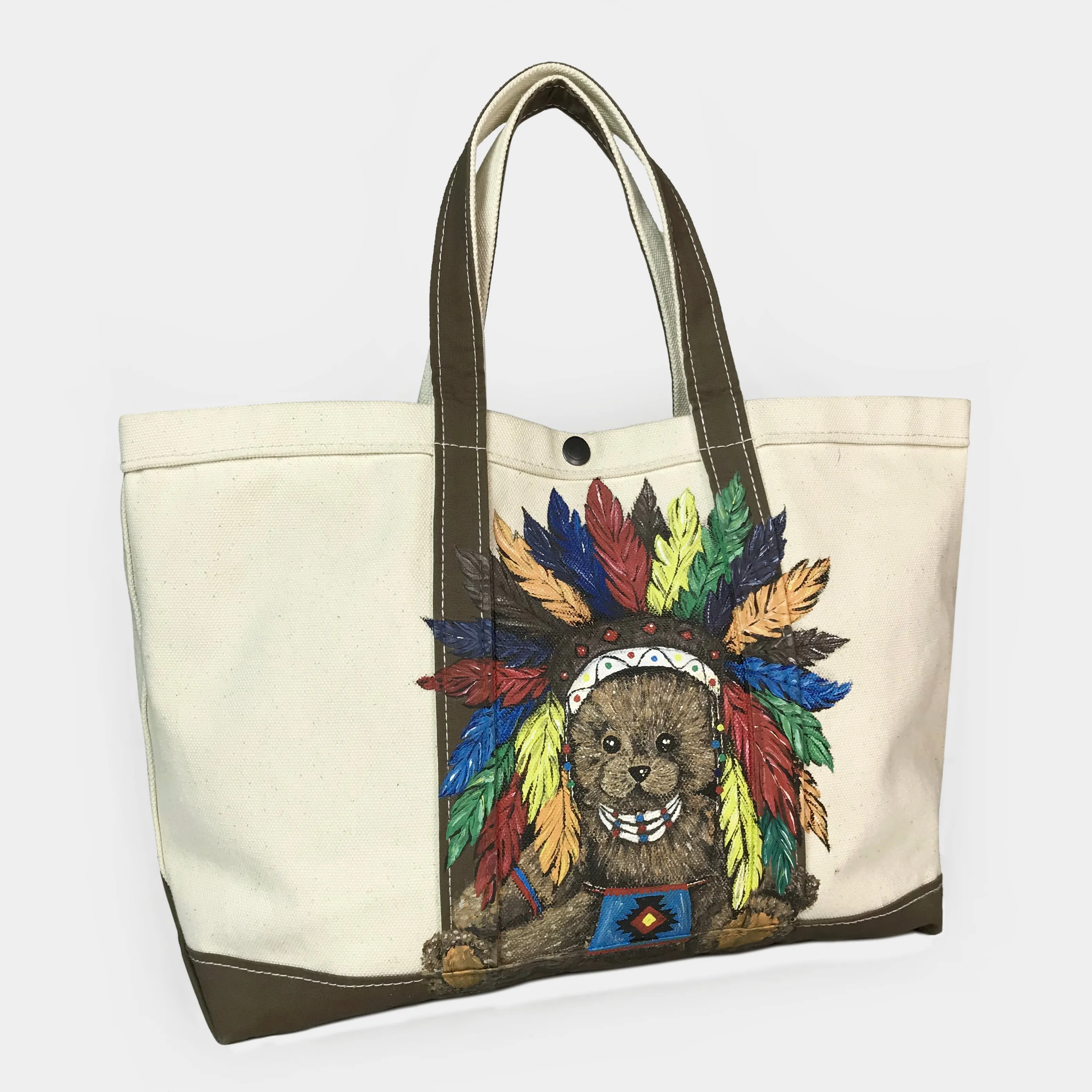 BZEN-TOTE23-13 HANDPAINTED TEDDY CANVAS TOTE BAG-24OZ-CHIEF-NATURAL