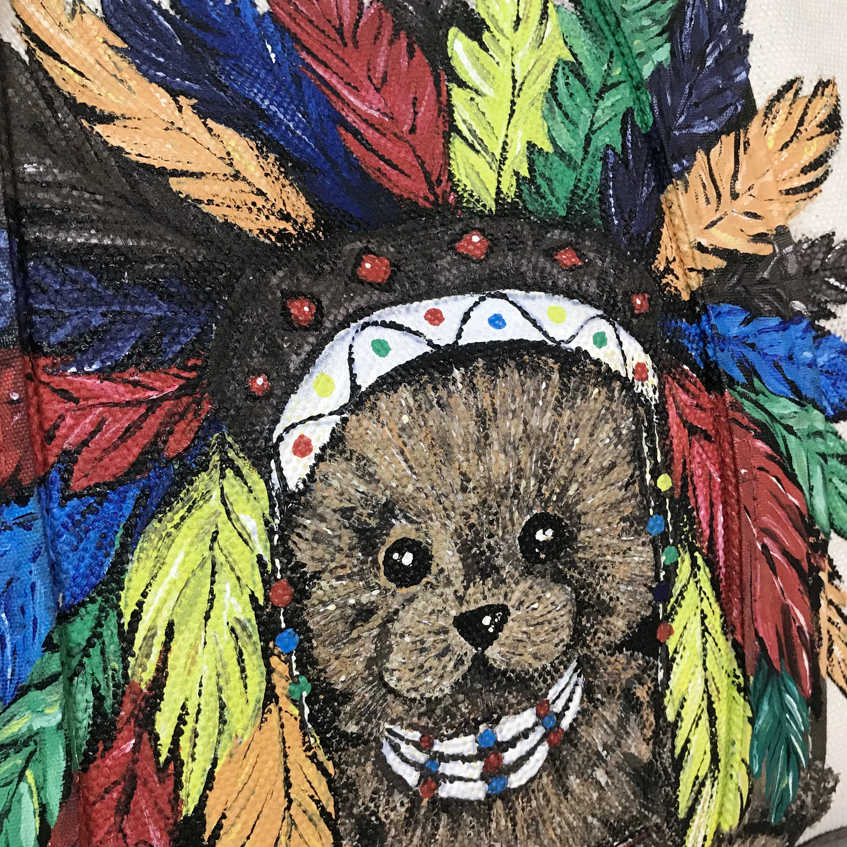 BZEN-TOTE23-13 HANDPAINTED TEDDY CANVAS TOTE BAG-24OZ-CHIEF-NATURAL