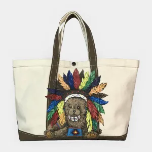BZEN-TOTE23-13 HANDPAINTED TEDDY CANVAS TOTE BAG-24OZ-CHIEF-NATURAL
