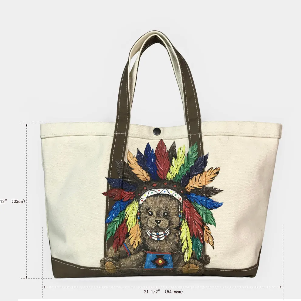 BZEN-TOTE23-13 HANDPAINTED TEDDY CANVAS TOTE BAG-24OZ-CHIEF-NATURAL