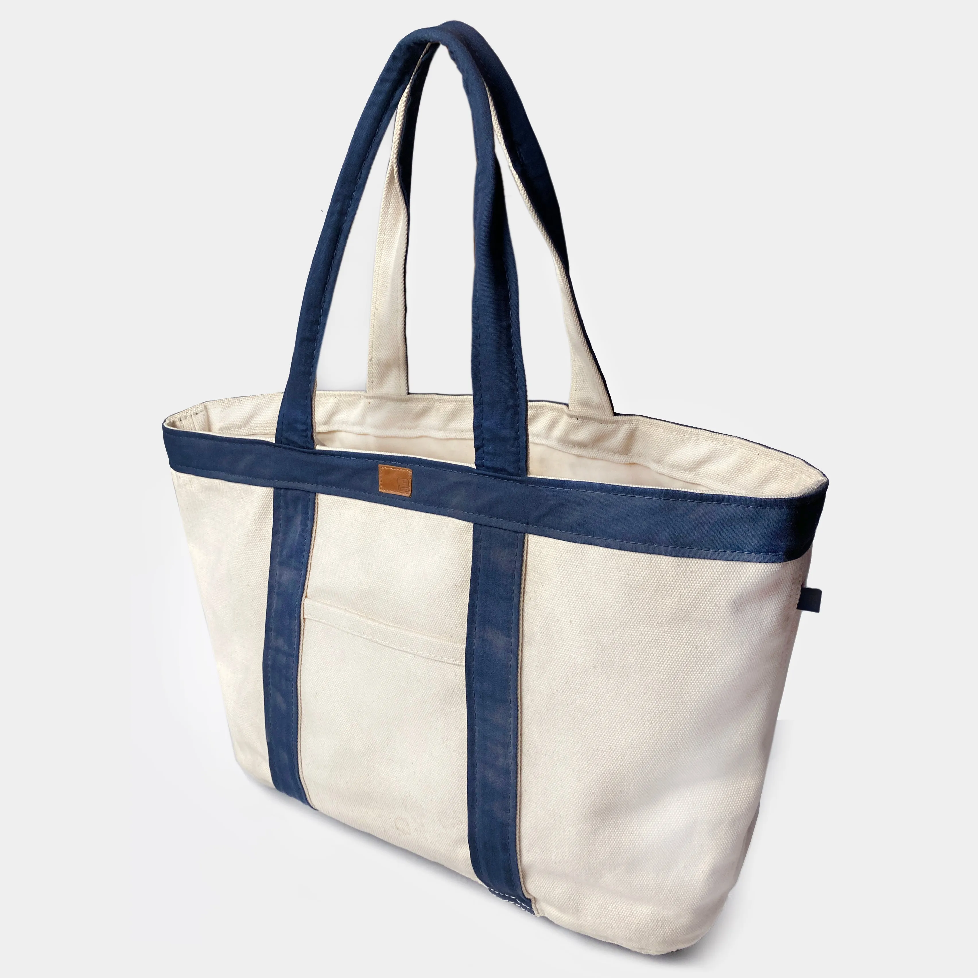 BZEN TOTE23-13P NATURAL CANVAS BODY WITH NAVY TRIM 23"W x 13"H OPEN TOP TOTE BAG WITH FRONT POCKET-22OZ-NAVY