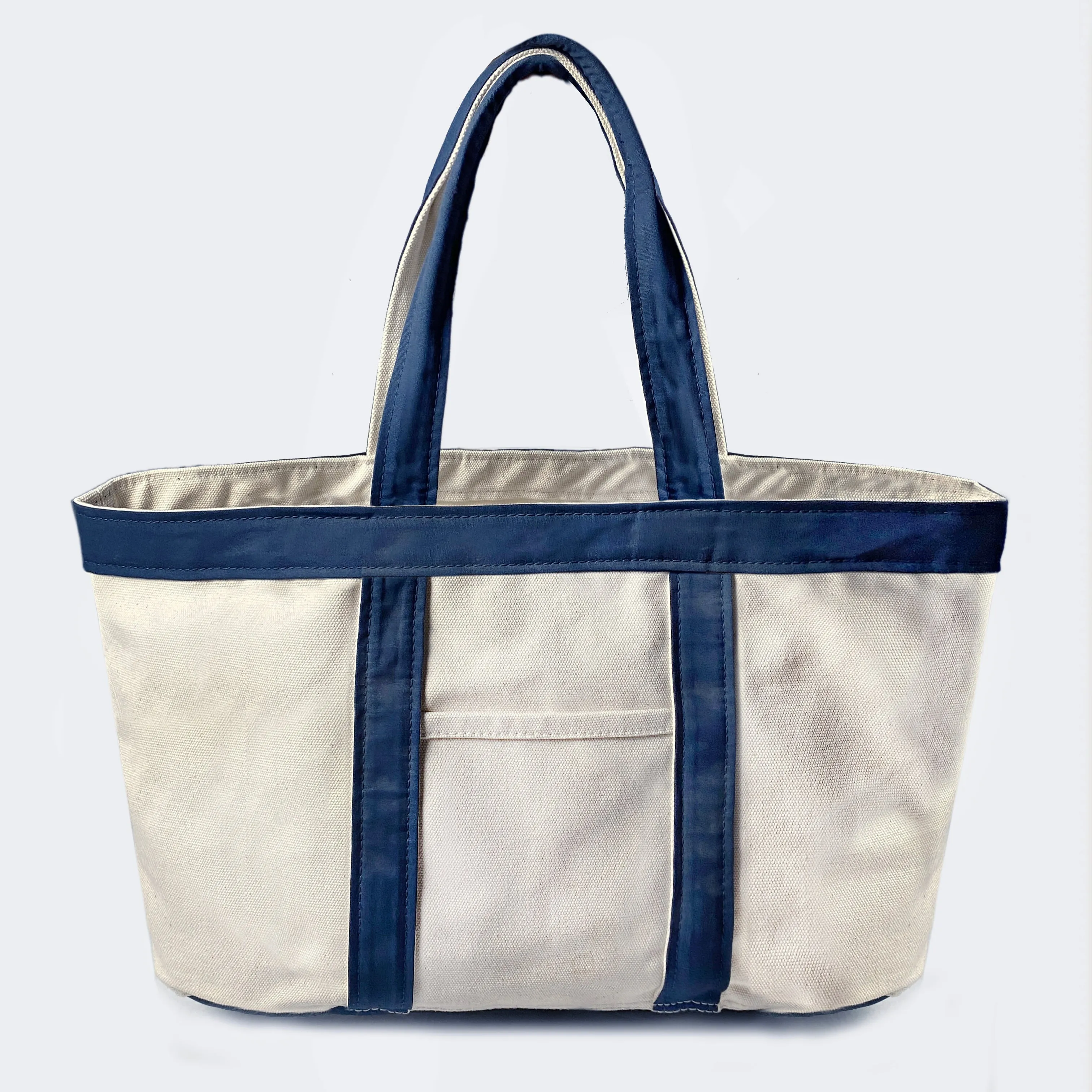 BZEN TOTE23-13P NATURAL CANVAS BODY WITH NAVY TRIM 23"W x 13"H OPEN TOP TOTE BAG WITH FRONT POCKET-22OZ-NAVY
