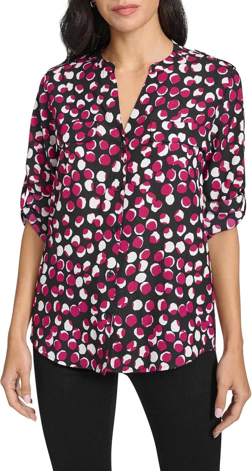 Calvin Klein Women's Long Sleeve Roll Tab Button Front Blouse
