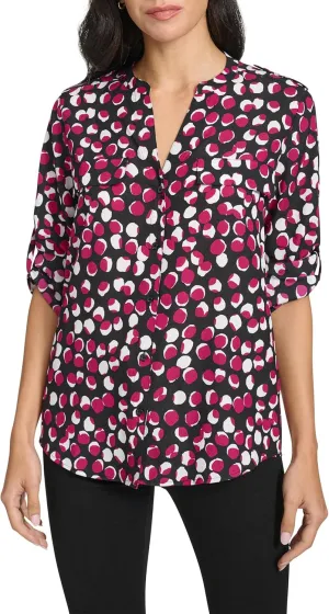Calvin Klein Women's Long Sleeve Roll Tab Button Front Blouse