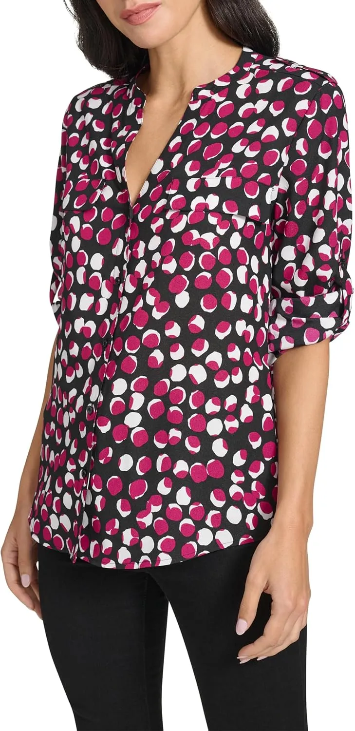 Calvin Klein Women's Long Sleeve Roll Tab Button Front Blouse