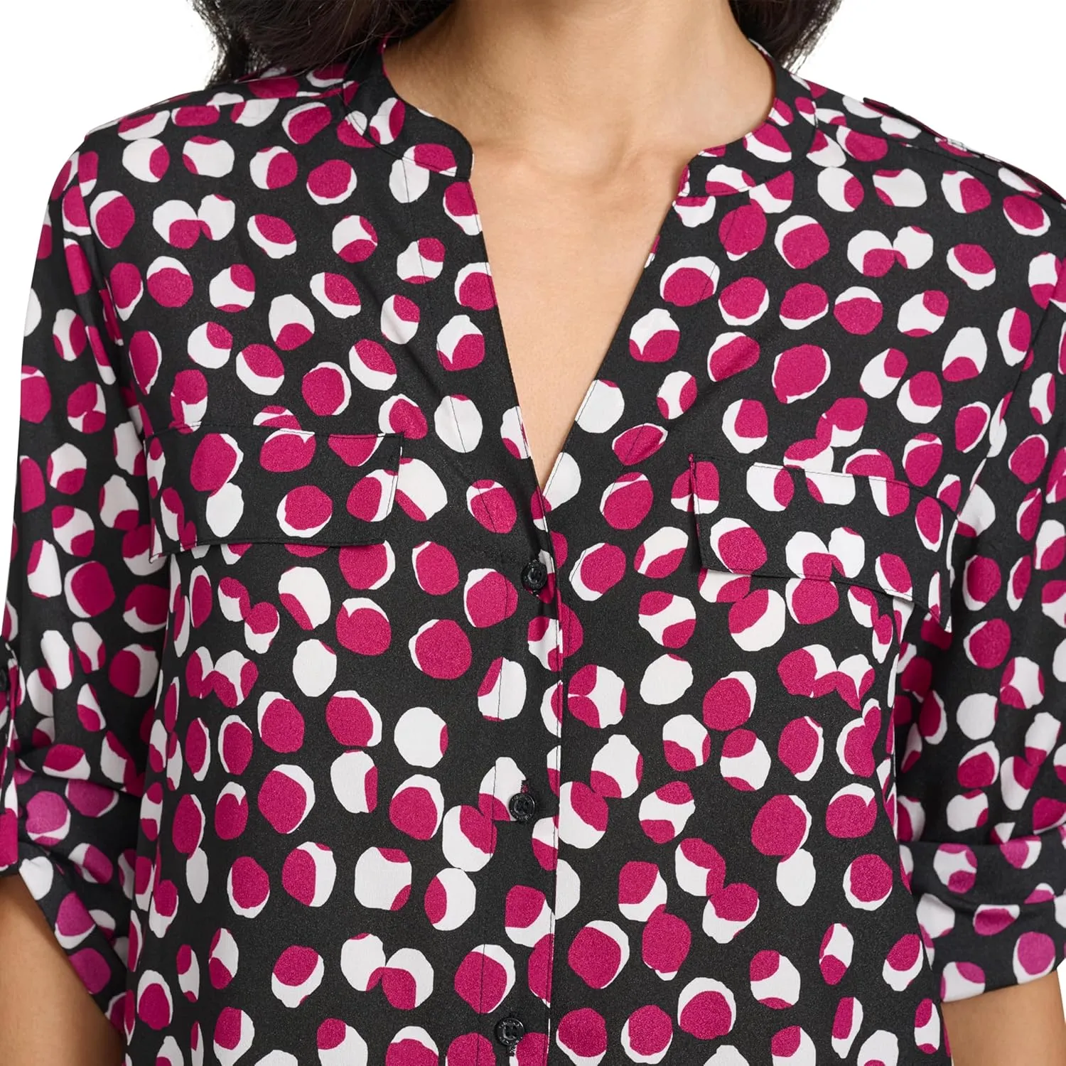 Calvin Klein Women's Long Sleeve Roll Tab Button Front Blouse