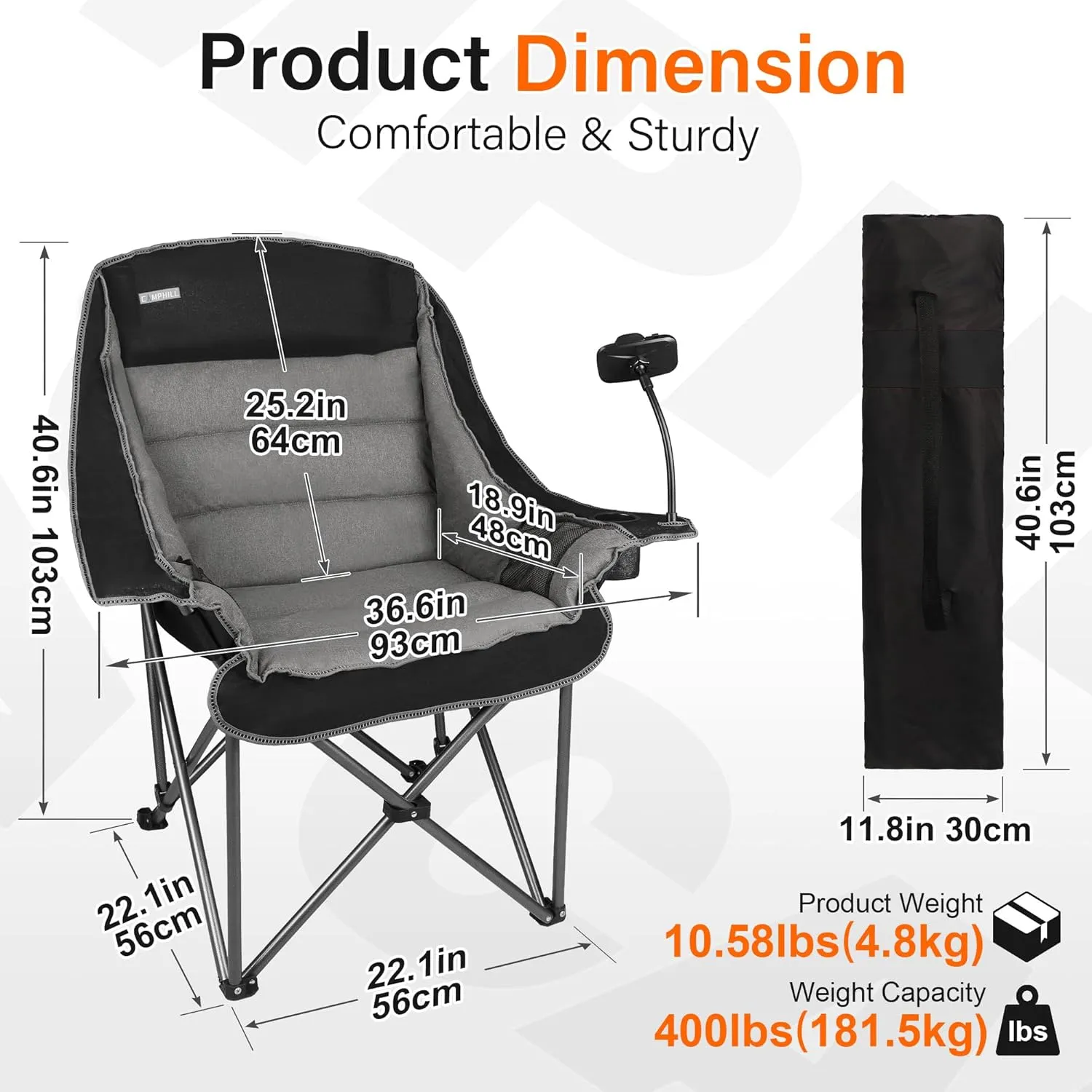 Camping Chairs for Adults-Oversized Extra Large Lawn Chair,Folding Comfy Padded Chair w/Phone Holder,Side Pocket,Cup Holder for Outdoor,Wide&Thick,Heavy Duty 400Lbs,Black