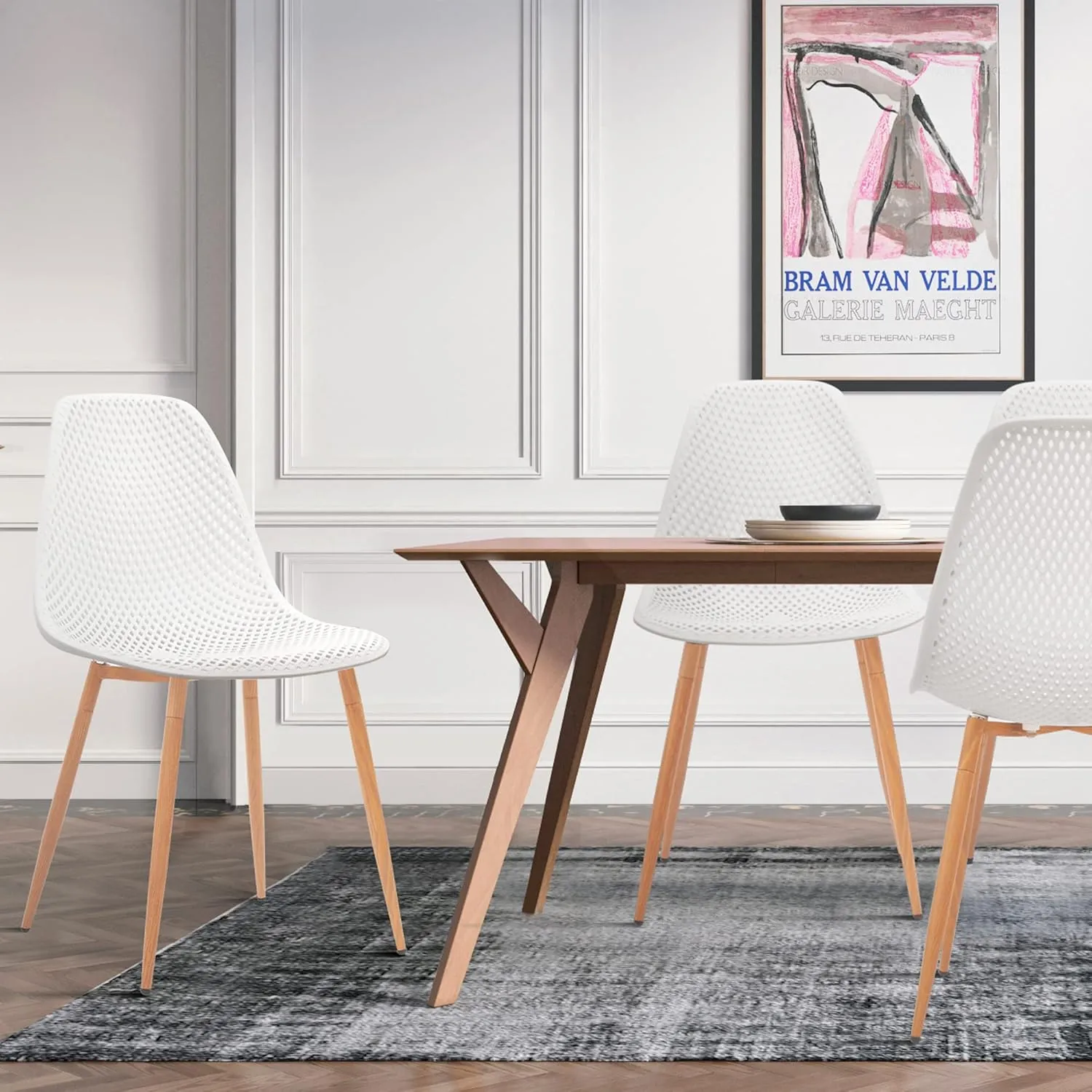 CangLong Dining Mid Century Modern Hollow Back Design Plastic Shell Armless Side Chair with Metal Legs, Set of 4, White (CL-191618)