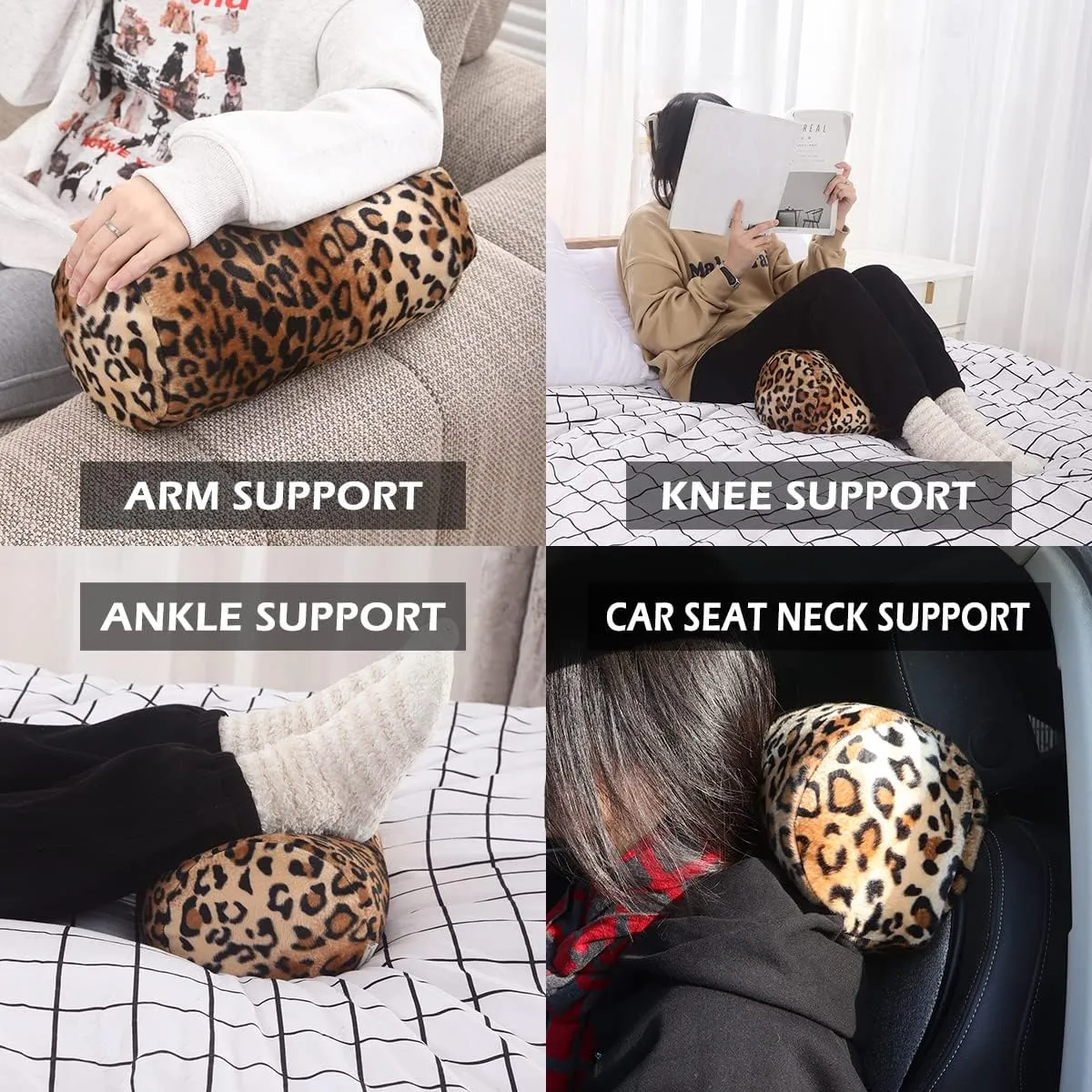 CARRIE HOME Leopard Microbead Neck Pillows Squishy Cylinder Bean Bag Pillow - 12x7 Inch Tiny Arm & Back Roll Pillow for Surgery, Travel, Airplane, Car - Support for Neck, Back, Arms, Legs and Knees