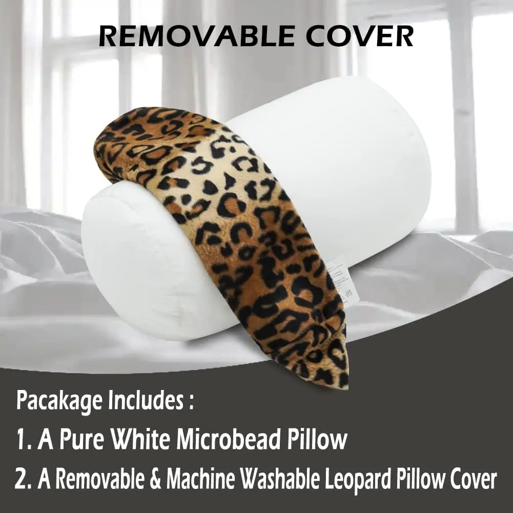 CARRIE HOME Leopard Microbead Neck Pillows Squishy Cylinder Bean Bag Pillow - 12x7 Inch Tiny Arm & Back Roll Pillow for Surgery, Travel, Airplane, Car - Support for Neck, Back, Arms, Legs and Knees