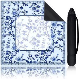 Chinoiserie Mahjong Mat with 1 Carrying Bag 31.5" x 31.5" Blue and White Rubber Anti Slip and Noise Reduction Multi Purpose Game Table Cover for Card, Board Tile Games