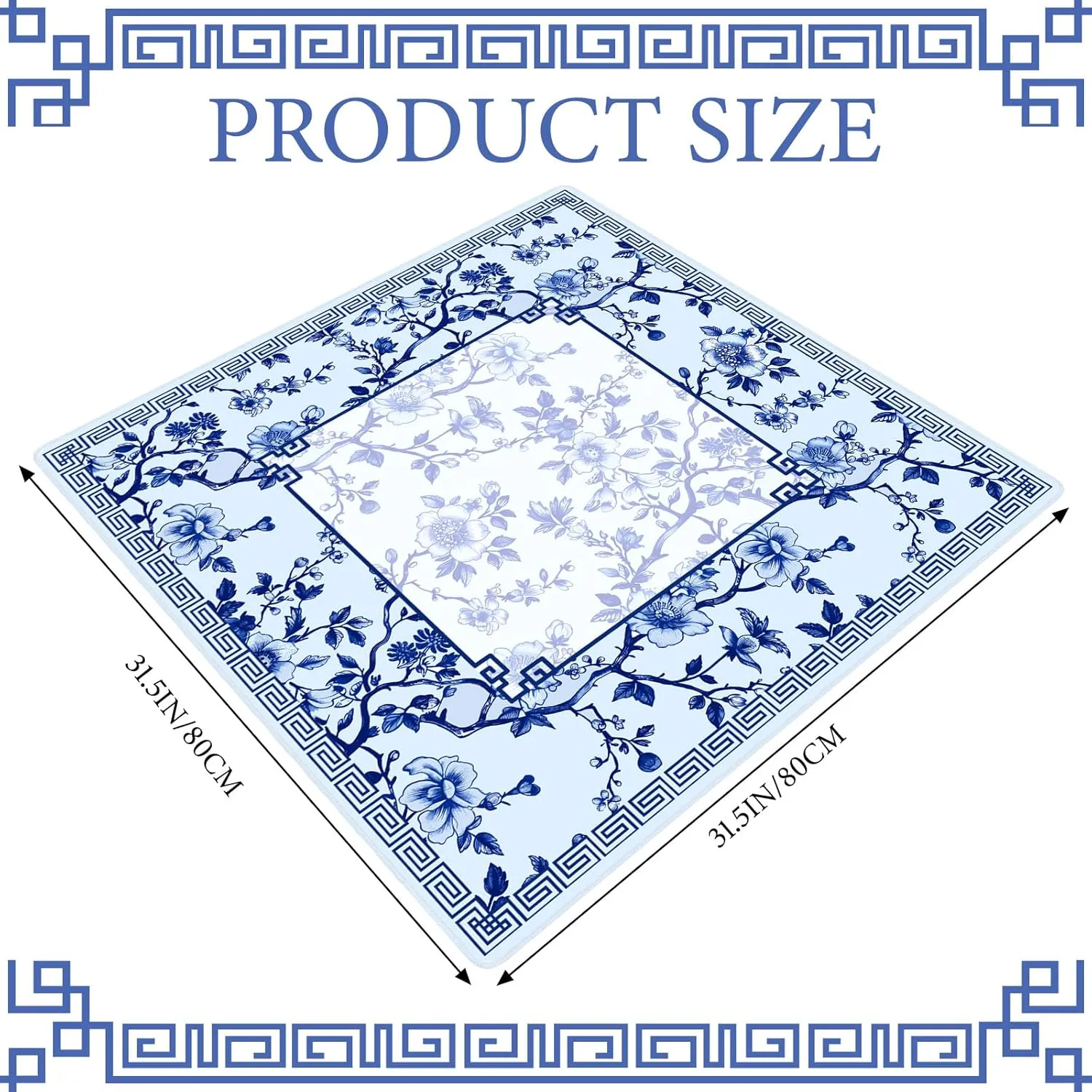 Chinoiserie Mahjong Mat with 1 Carrying Bag 31.5" x 31.5" Blue and White Rubber Anti Slip and Noise Reduction Multi Purpose Game Table Cover for Card, Board Tile Games