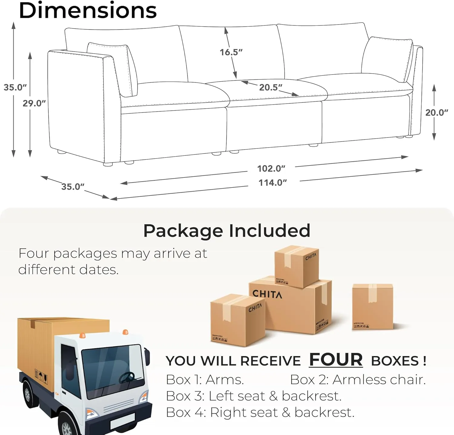 CHITA Sectional Modular Down Filled Sofa, Comfty Feather 3 Seat Cloud Couch, FSC Certified Modern Deep Seat Sectional for Living Room, 114 inch Width,3 Seat Modular Sofa, Cream