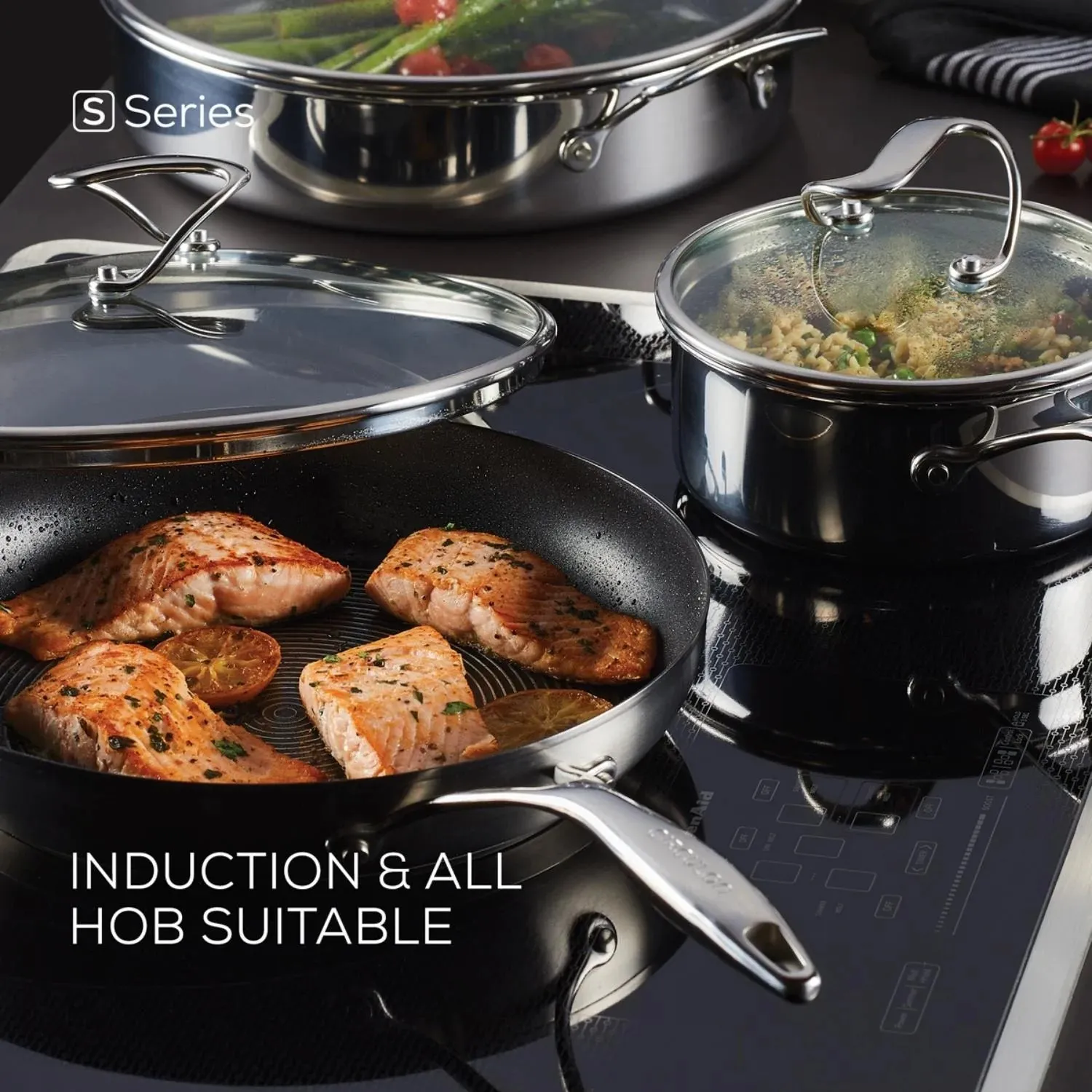 Circulon SteelShield™ Nonstick Stainless Steel Cookware Set S-Series Induction – 10 Piece (2X Saucepan, 2X Fry Pan, Covered Stockpot, Covered Sauté, Slotted Spatula)