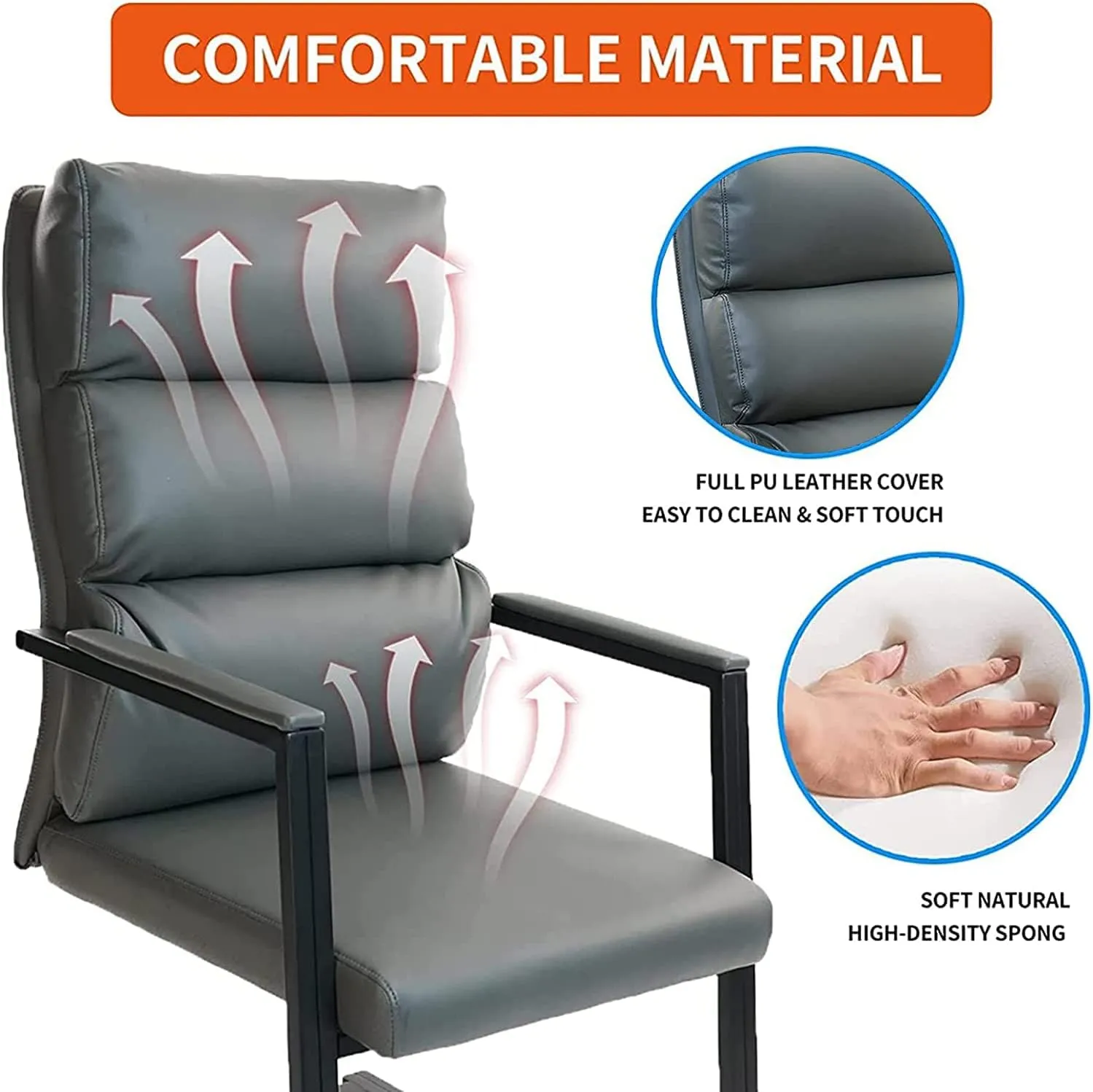 CLATINA 500lbs Big and Tall Office Chair Upholstered Leather Comfortable Reception Chairs with Sled Base and Bonded Padded Arm Rest for Conference Waiting Room Home Gray