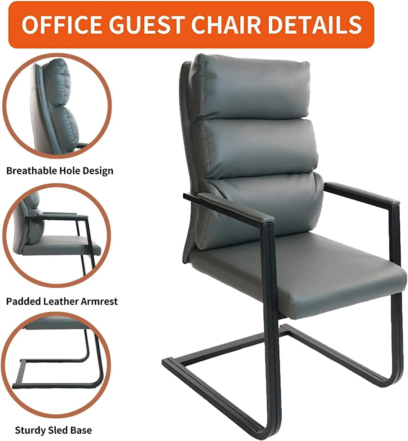 CLATINA 500lbs Big and Tall Office Chair Upholstered Leather Comfortable Reception Chairs with Sled Base and Bonded Padded Arm Rest for Conference Waiting Room Home Gray