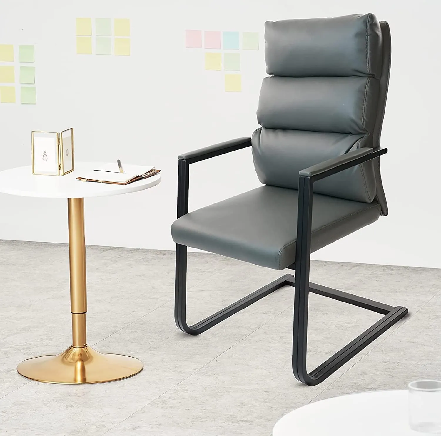 CLATINA 500lbs Big and Tall Office Chair Upholstered Leather Comfortable Reception Chairs with Sled Base and Bonded Padded Arm Rest for Conference Waiting Room Home Gray