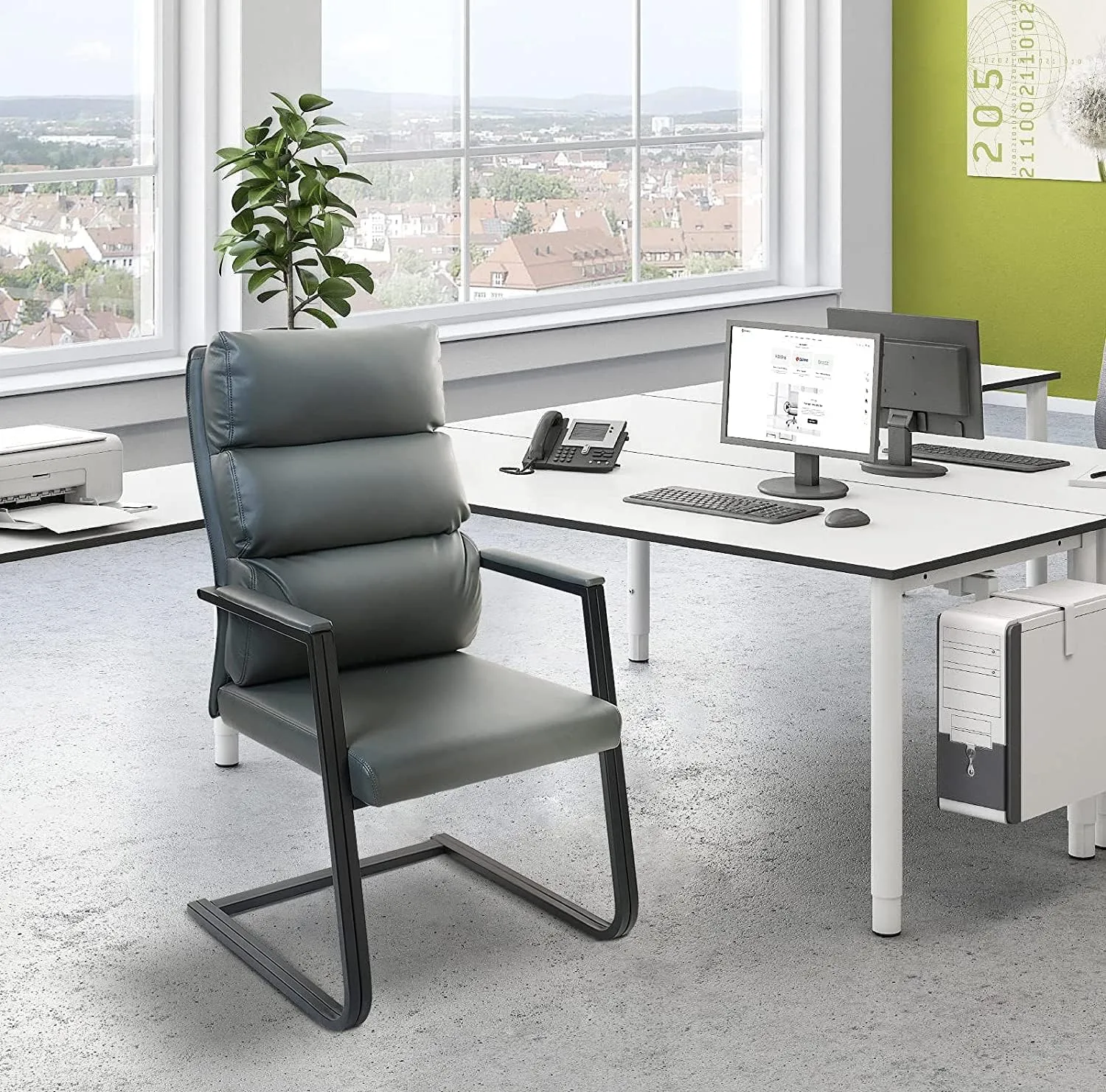 CLATINA 500lbs Big and Tall Office Chair Upholstered Leather Comfortable Reception Chairs with Sled Base and Bonded Padded Arm Rest for Conference Waiting Room Home Gray