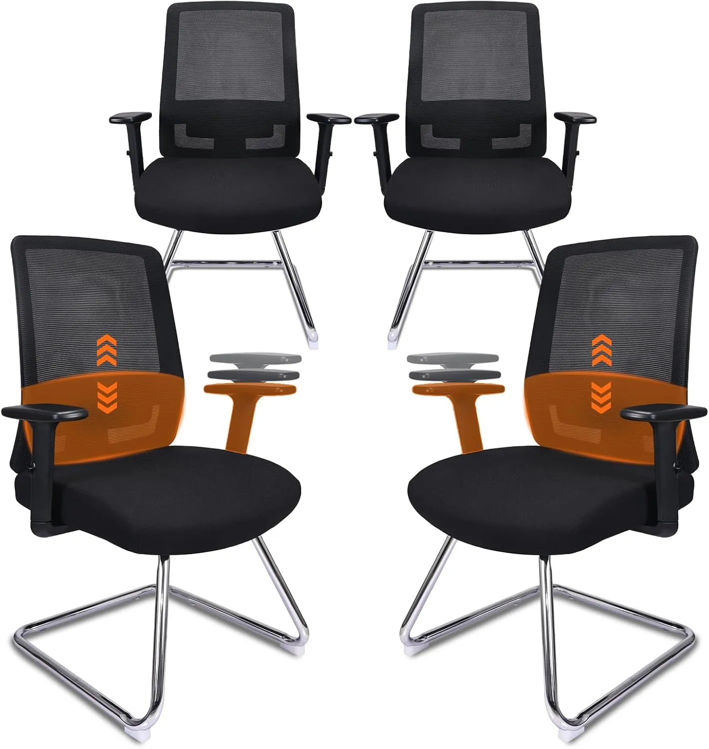 CLATINA Mesh Back Office Desk Chair with Adjustable Arms and Lumbar Support, Reception Guest Chairs with Sled Base, No Wheels Chair for Office, Conference Waiting Study Room, Black, Set of 4