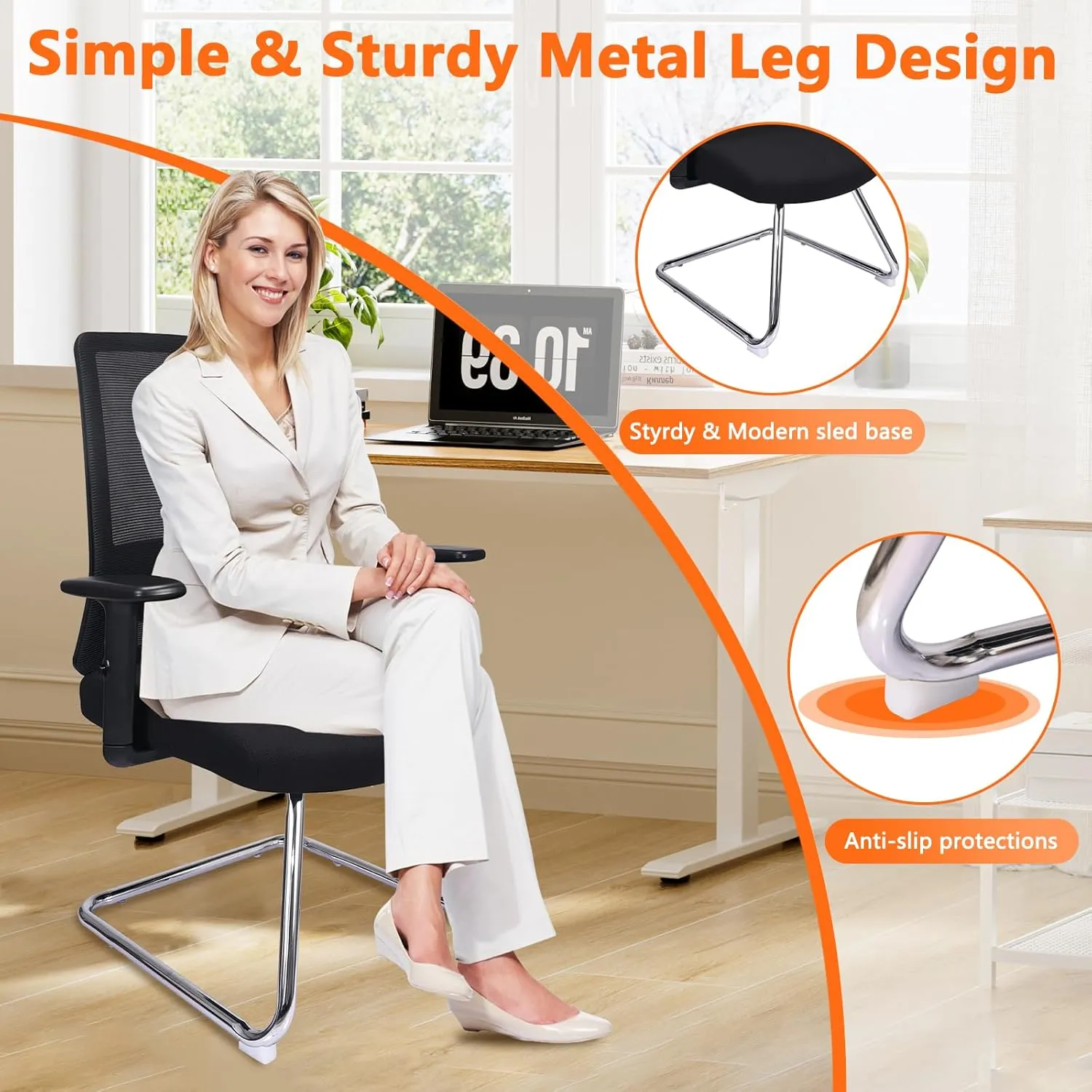 CLATINA Mesh Back Office Desk Chair with Adjustable Arms and Lumbar Support, Reception Guest Chairs with Sled Base, No Wheels Chair for Office, Conference Waiting Study Room, Black, Set of 4