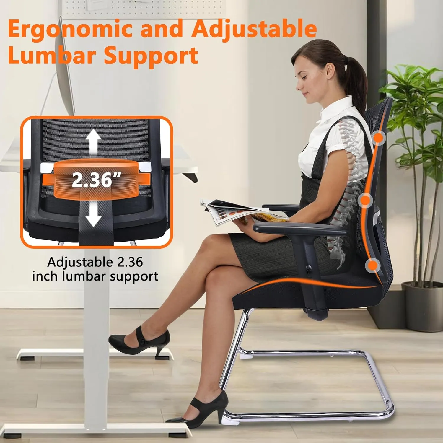 CLATINA Mesh Back Office Desk Chair with Adjustable Arms and Lumbar Support, Reception Guest Chairs with Sled Base, No Wheels Chair for Office, Conference Waiting Study Room, Black, Set of 4