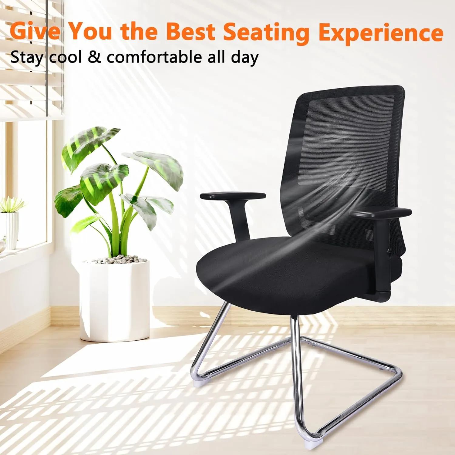 CLATINA Mesh Back Office Desk Chair with Adjustable Arms and Lumbar Support, Reception Guest Chairs with Sled Base, No Wheels Chair for Office, Conference Waiting Study Room, Black, Set of 4