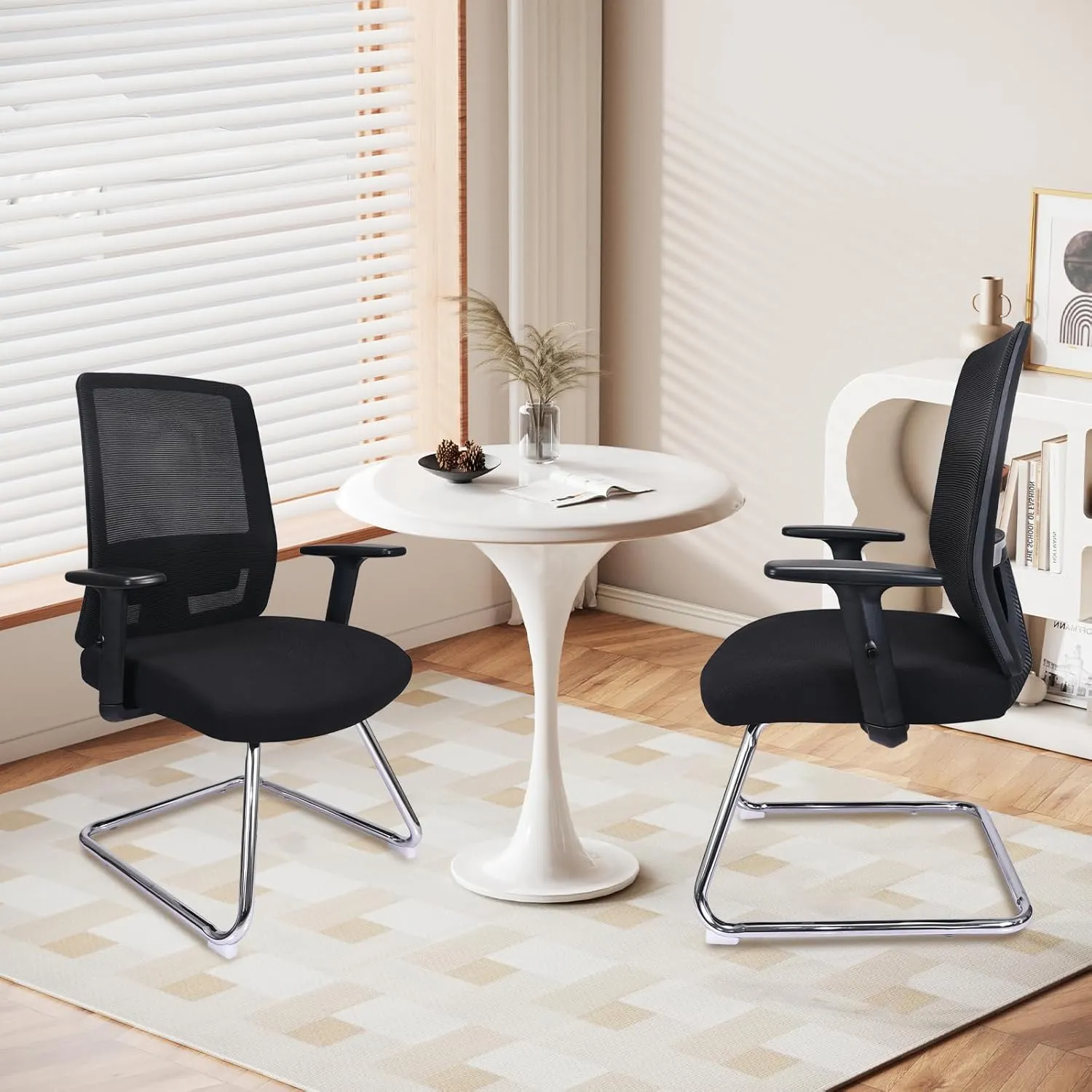 CLATINA Mesh Back Office Desk Chair with Adjustable Arms and Lumbar Support, Reception Guest Chairs with Sled Base, No Wheels Chair for Office, Conference Waiting Study Room, Black, Set of 4