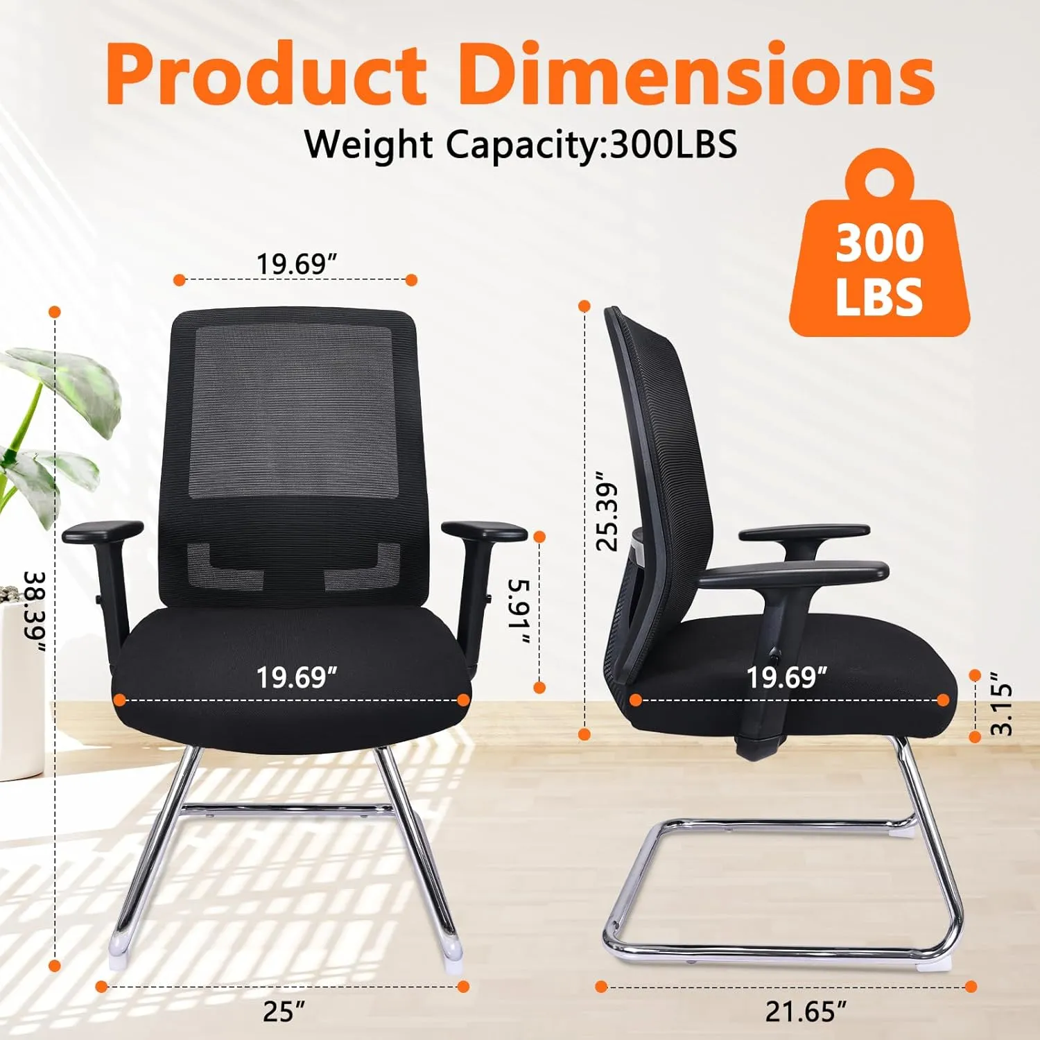 CLATINA Mesh Back Office Desk Chair with Adjustable Arms and Lumbar Support, Reception Guest Chairs with Sled Base, No Wheels Chair for Office, Conference Waiting Study Room, Black, Set of 4