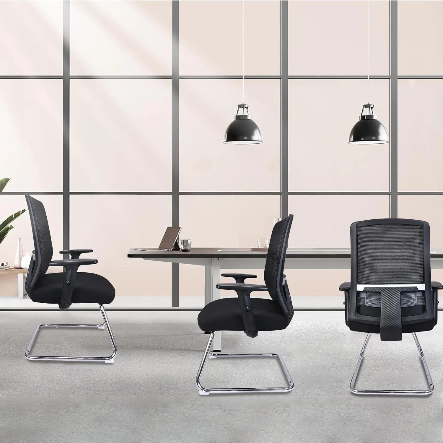 CLATINA Mesh Back Office Desk Chair with Adjustable Arms and Lumbar Support, Reception Guest Chairs with Sled Base, No Wheels Chair for Office, Conference Waiting Study Room, Black, Set of 4