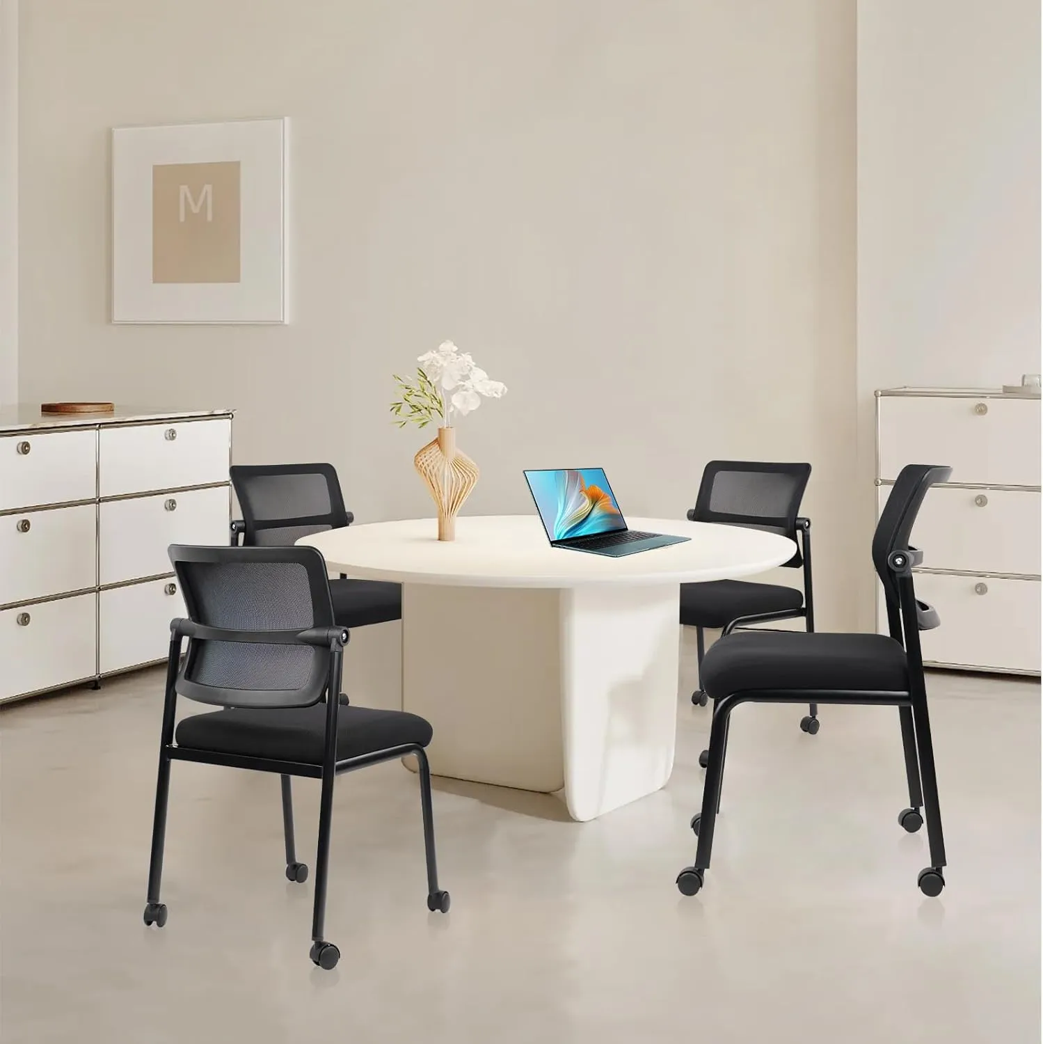 CLATINA Stacking Armless Office Waiting Room Chair with Wheels, Stackable Mesh Guest Reception Desk Chairs with Adjustable Backrest for Conference Lobby Side School, Black, 4 Pack