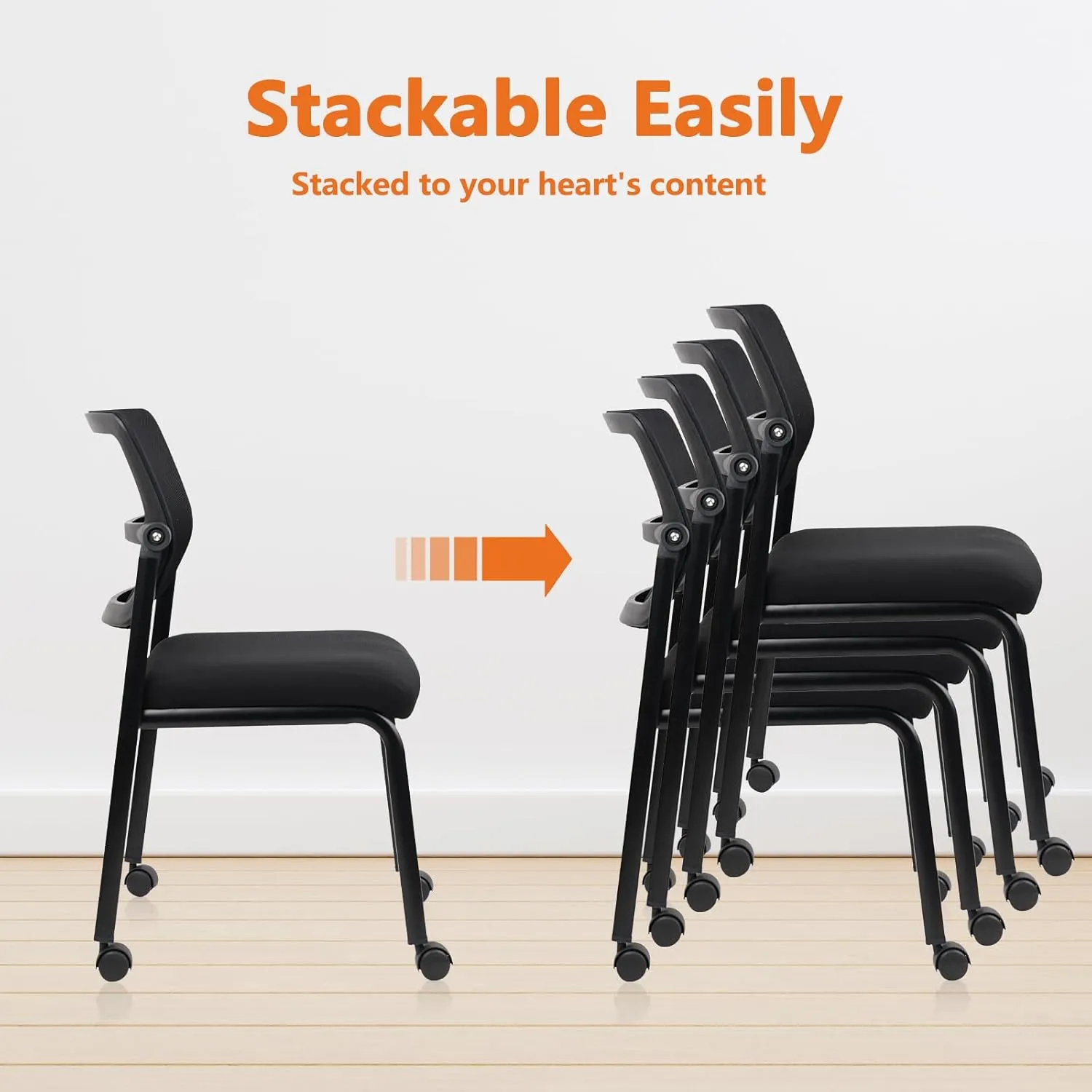 CLATINA Stacking Armless Office Waiting Room Chair with Wheels, Stackable Mesh Guest Reception Desk Chairs with Adjustable Backrest for Conference Lobby Side School, Black, 4 Pack