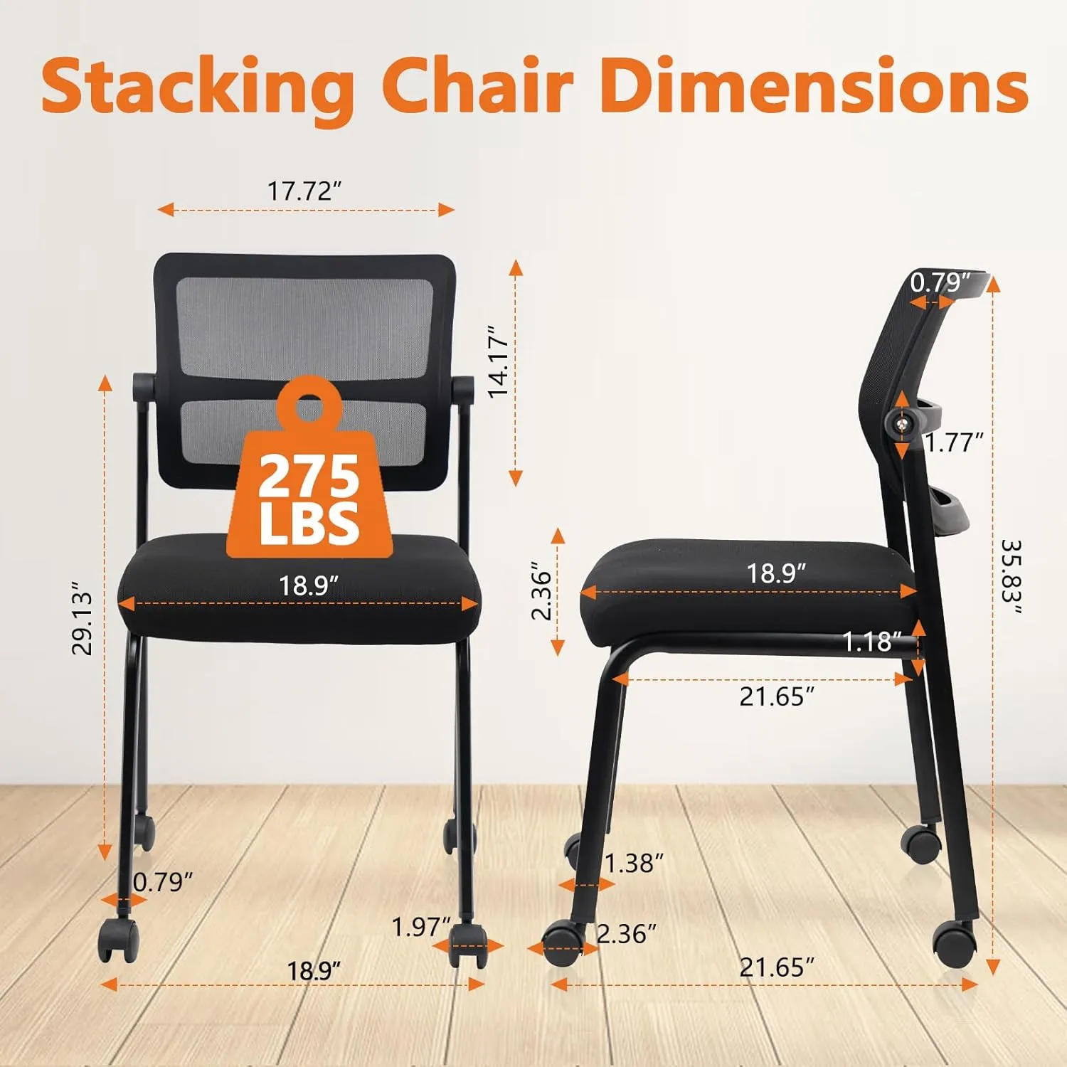 CLATINA Stacking Armless Office Waiting Room Chair with Wheels, Stackable Mesh Guest Reception Desk Chairs with Adjustable Backrest for Conference Lobby Side School, Black, 4 Pack