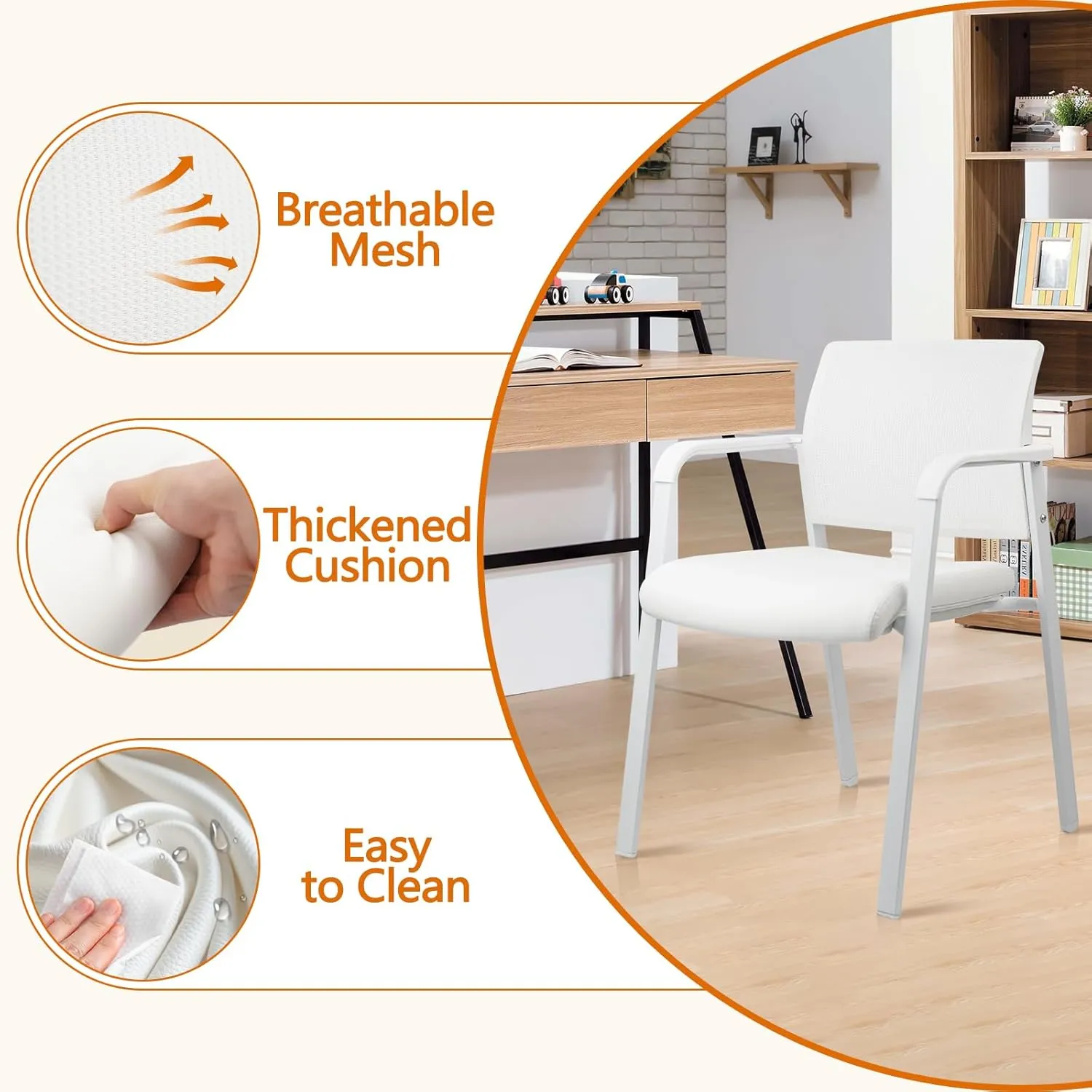 CLATINA Stacking Office Chairs | Mesh Back, Thicken Leather Seat and Arms, Ergonomic Lumber Support | Guest Reception, Waiting, Conference, School, Party, Customer, Side, Stationary | Set of 4, White