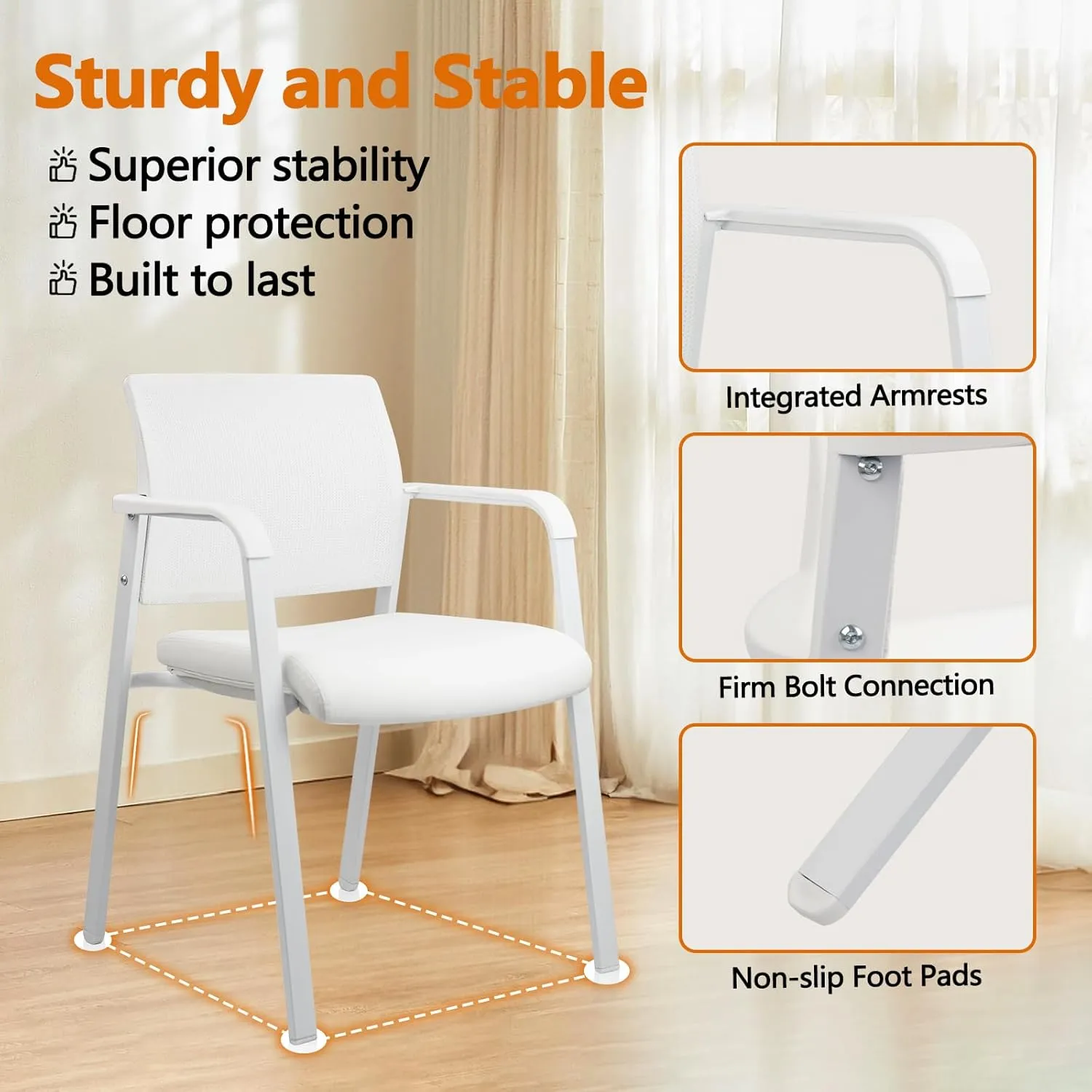 CLATINA Stacking Office Chairs | Mesh Back, Thicken Leather Seat and Arms, Ergonomic Lumber Support | Guest Reception, Waiting, Conference, School, Party, Customer, Side, Stationary | Set of 4, White