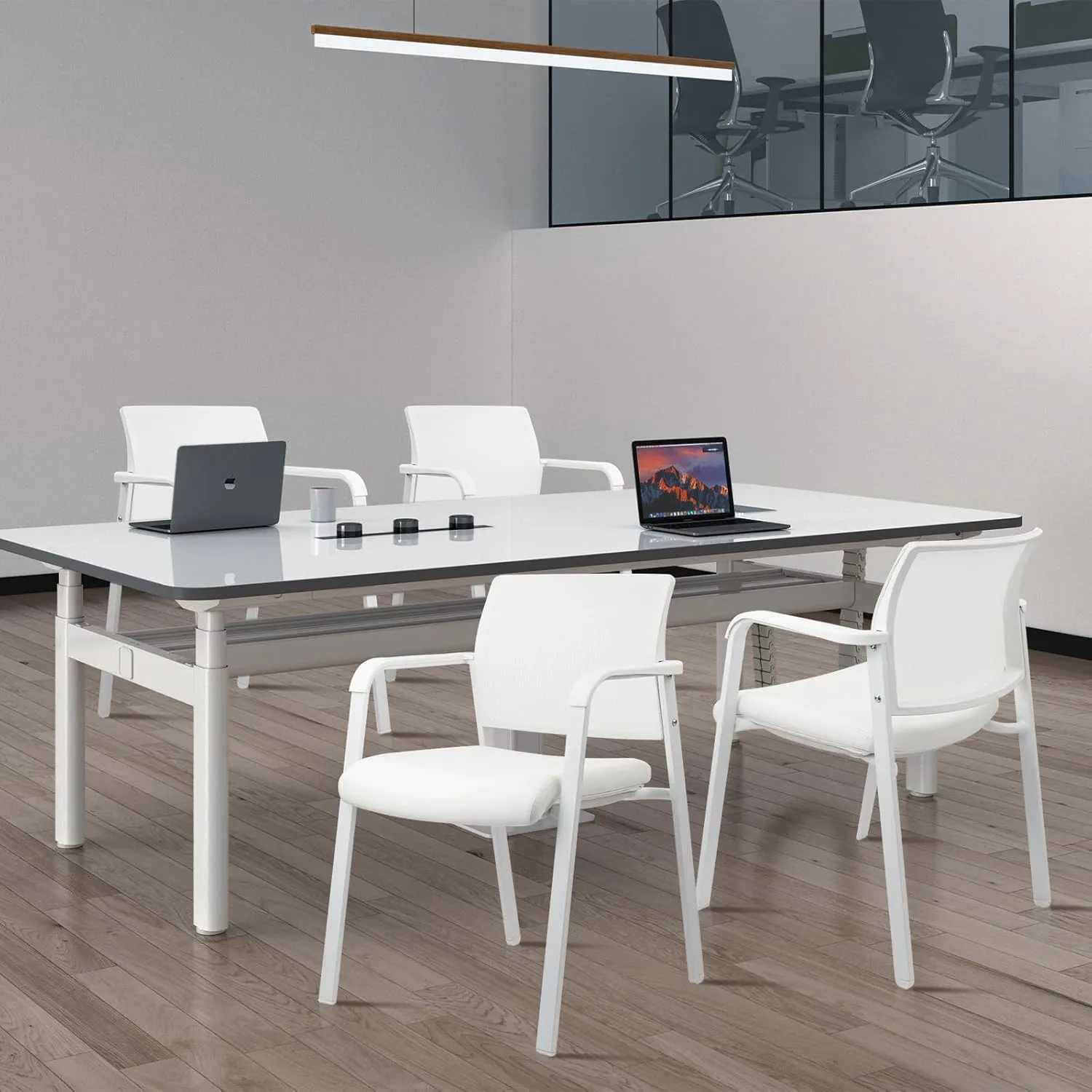 CLATINA Stacking Office Chairs | Mesh Back, Thicken Leather Seat and Arms, Ergonomic Lumber Support | Guest Reception, Waiting, Conference, School, Party, Customer, Side, Stationary | Set of 4, White