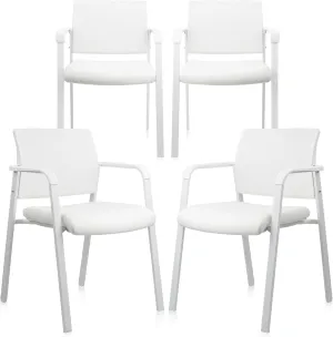 CLATINA Stacking Office Chairs | Mesh Back, Thicken Leather Seat and Arms, Ergonomic Lumber Support | Guest Reception, Waiting, Conference, School, Party, Customer, Side, Stationary | Set of 4, White