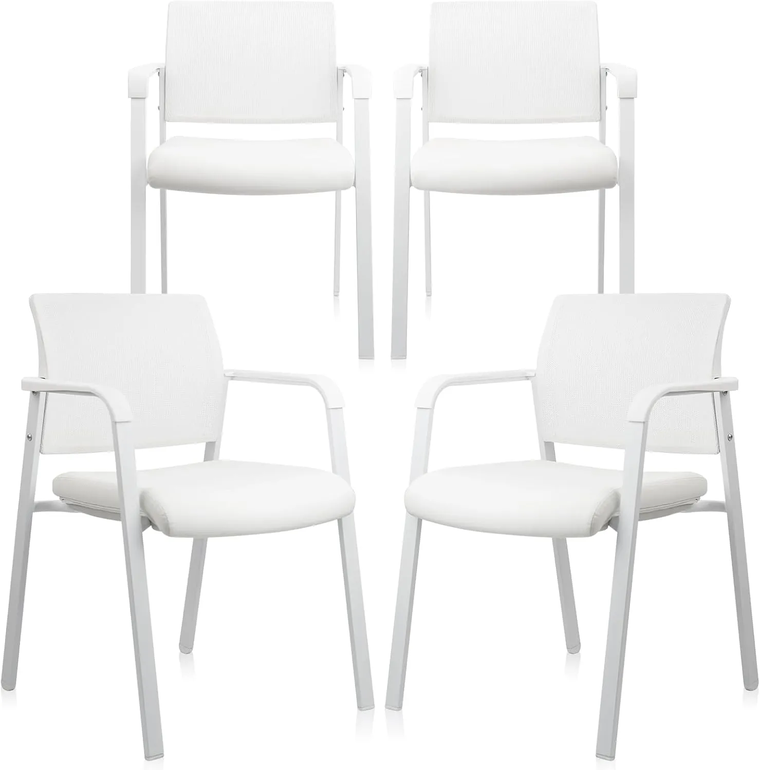 CLATINA Stacking Office Chairs | Mesh Back, Thicken Leather Seat and Arms, Ergonomic Lumber Support | Guest Reception, Waiting, Conference, School, Party, Customer, Side, Stationary | Set of 4, White