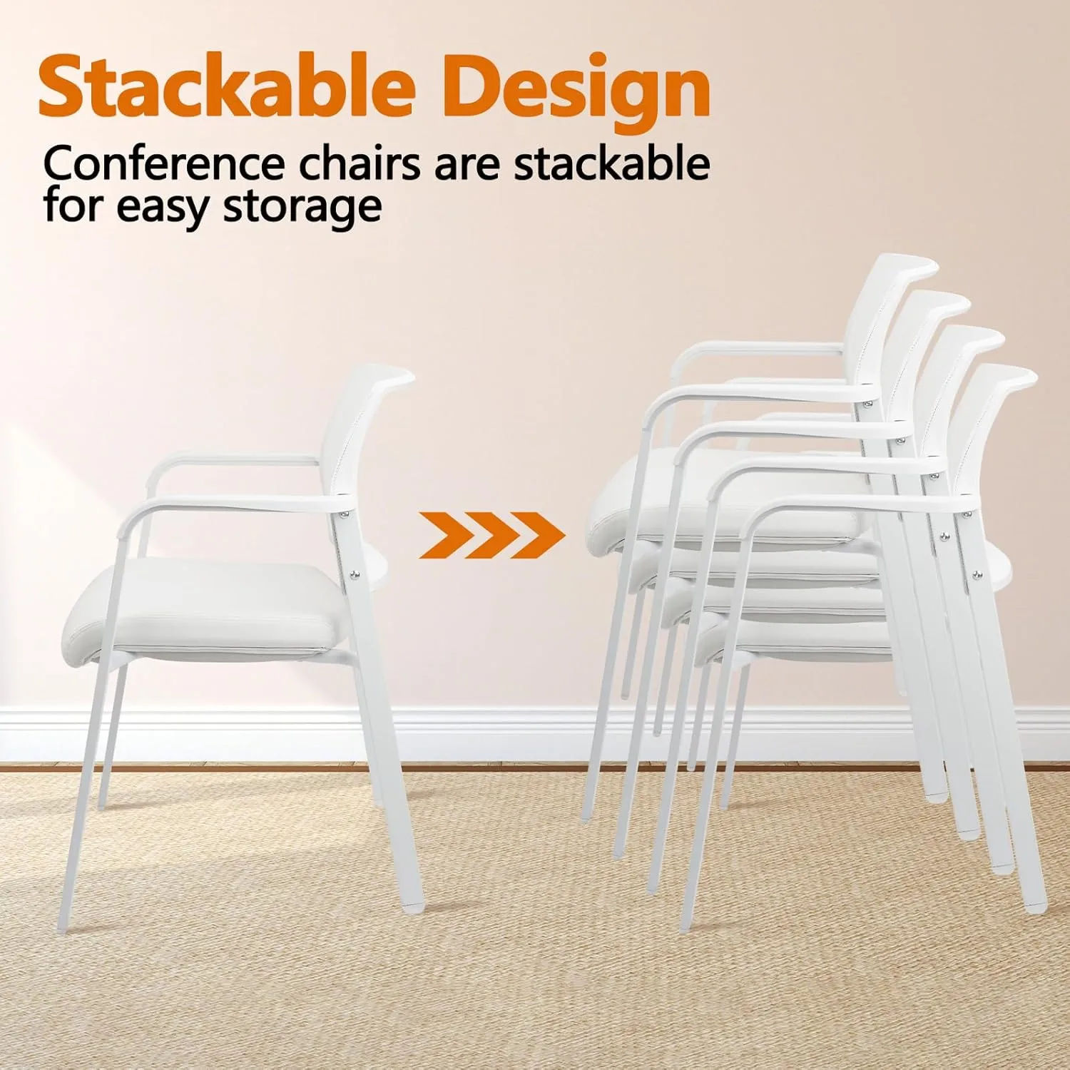 CLATINA Stacking Office Chairs | Mesh Back, Thicken Leather Seat and Arms, Ergonomic Lumber Support | Guest Reception, Waiting, Conference, School, Party, Customer, Side, Stationary | Set of 4, White